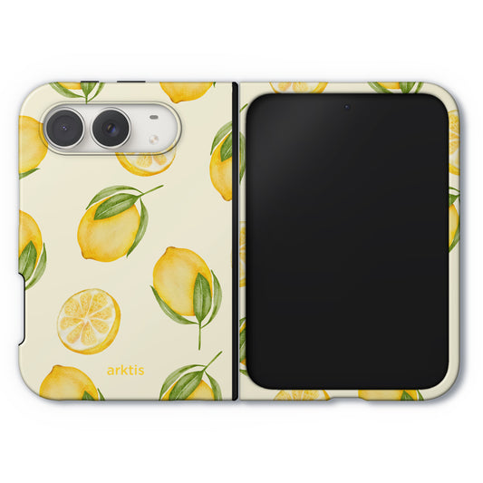 Open arktis iPhone Duo Hülle – Lemon, eine Klapphülle mit einem Zitronenmuster im Aquarellstil.