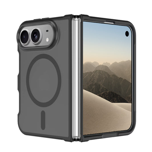 Faltbares Smartphone in einer grauen Arktis iPhone Duo Solid-Hülle mit MagSafe und einem MagSafe-Ring auf der Rückseite.