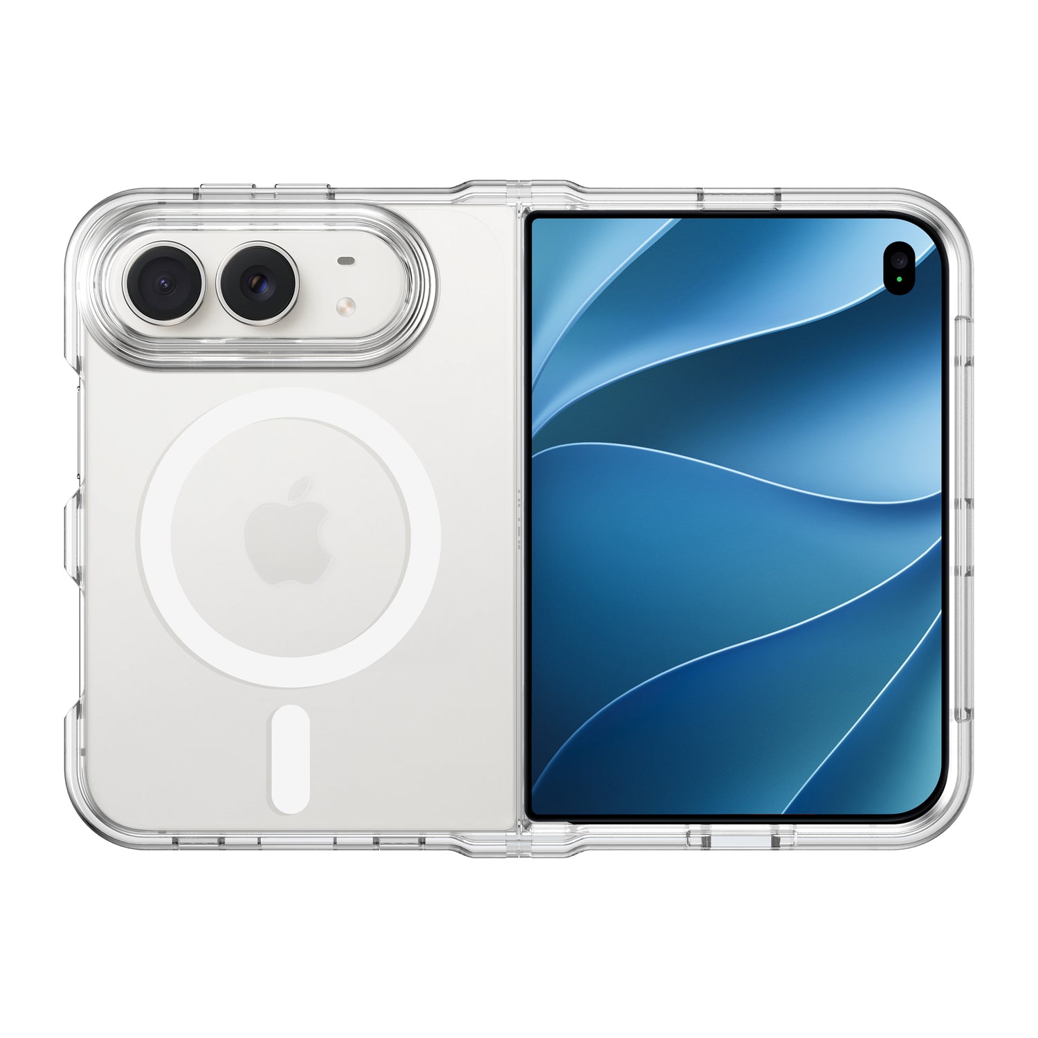 Ein faltbares Smartphone mit der „arktis iPhone Duo Pure Case mit MagSafe“ – einer transparenten und stoßfesten Schutzhülle von arktis – sowie zwei Kameras und einem blauen, wellenförmigen Bildschirmdesign.