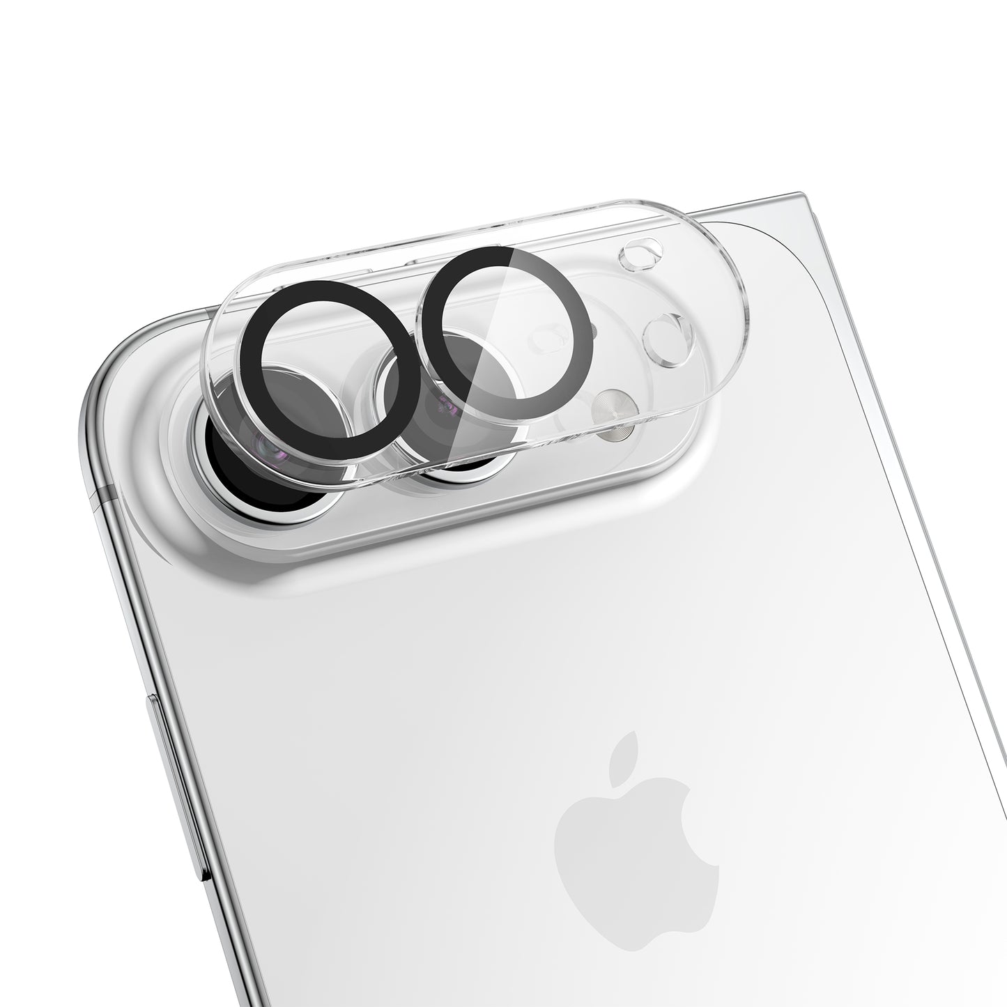 Ein Arktis iPhone Duo Kamera Protector wird über die beiden hinteren Kameralinsen eines Smartphones aufgesetzt.