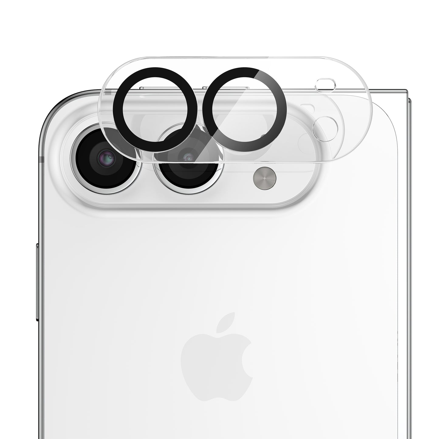 Ein transparenter Arktis iPhone Duo Kamera Protector wird über die beiden Kameraobjektive des Smartphones ausgerichtet.