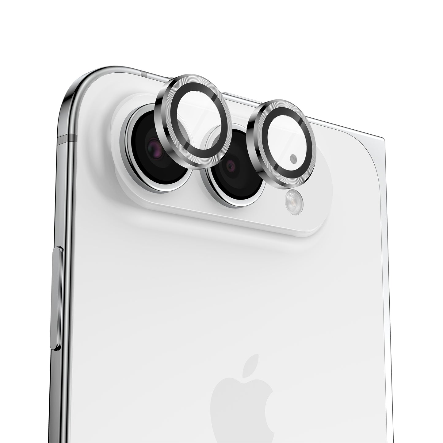 Zwei runde Arktis iPhone Duo Lens-Schutzfolien aus Metall, die über den Objektiven der Rückkamera eines Smartphones schweben.