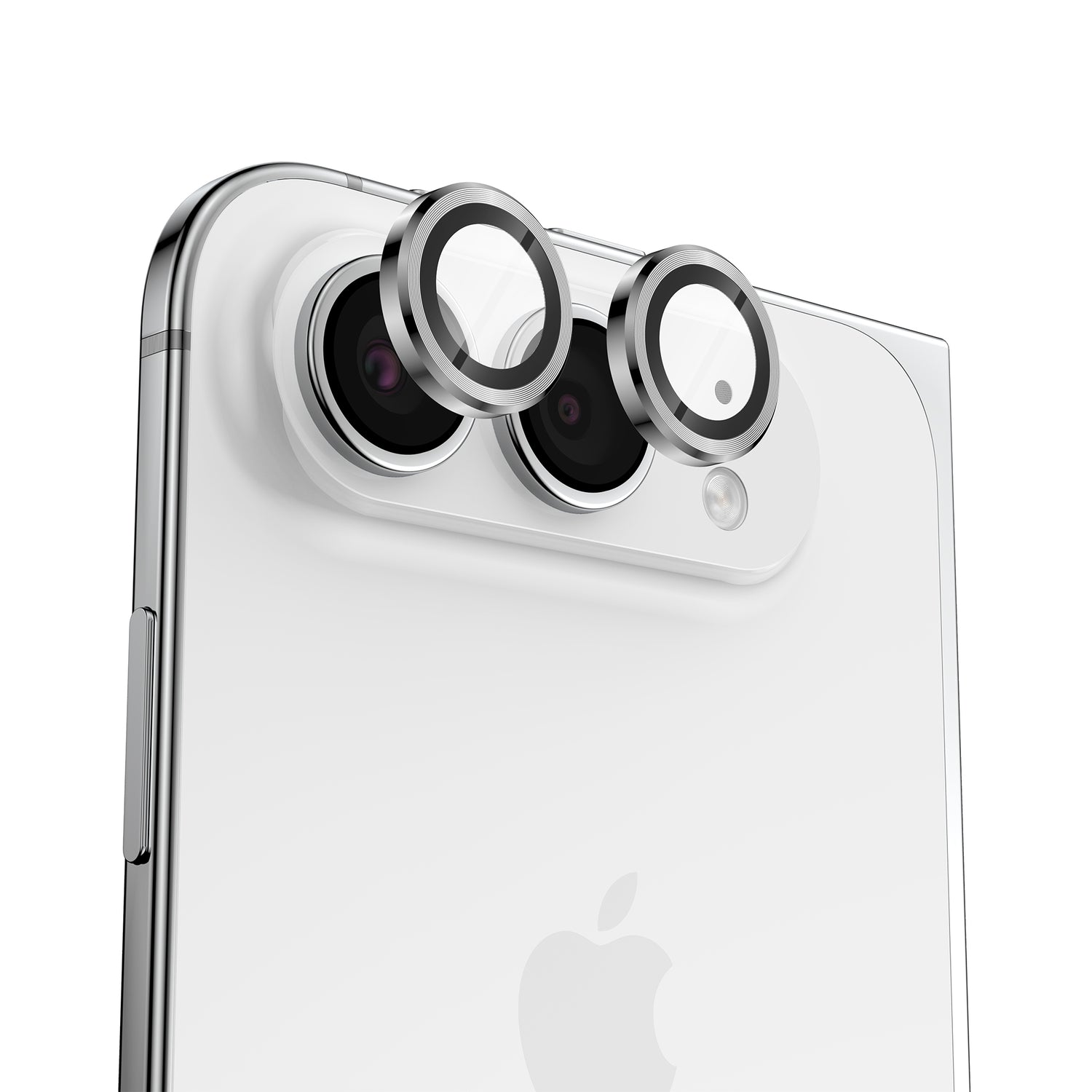 Zwei runde Arktis iPhone Duo Lens-Schutzfolien aus Metall, die über den Objektiven der Rückkamera eines Smartphones schweben.