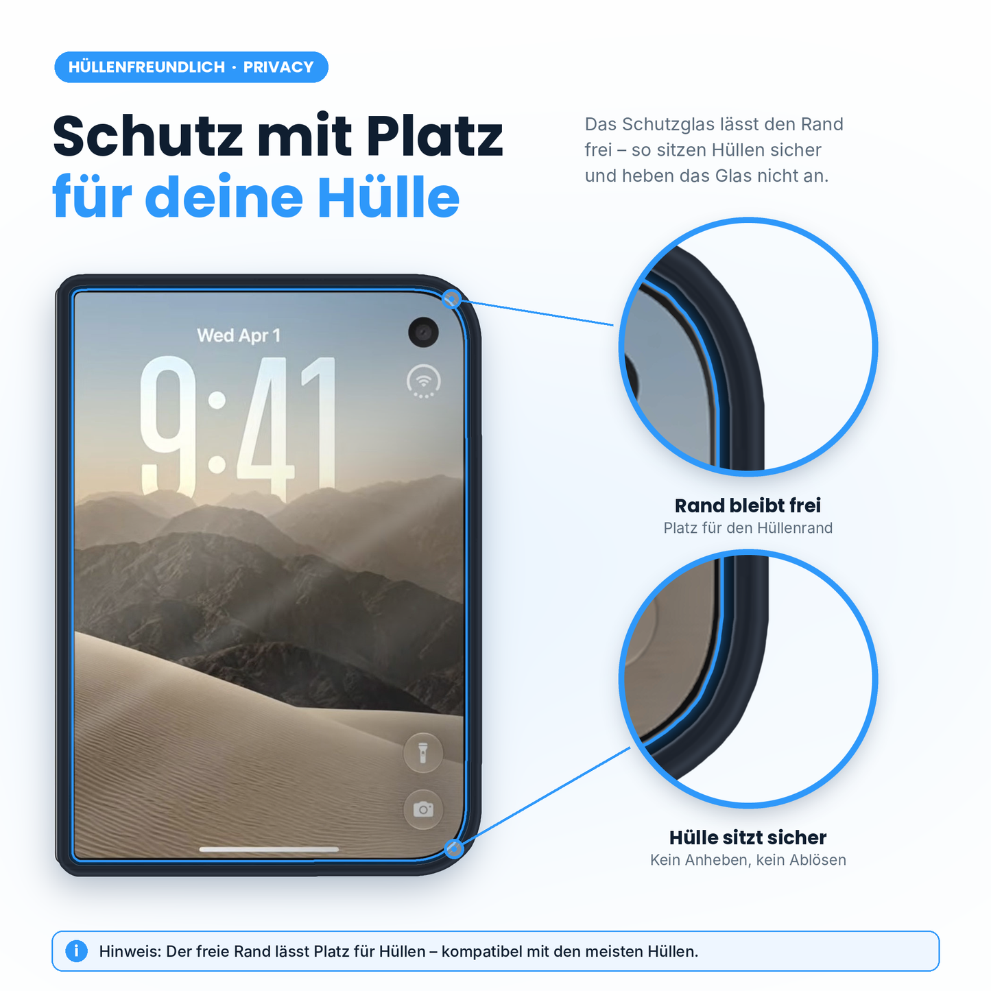 Arktis iPhone Duo PRIVACY Displayschutzglas – hier ist zu sehen, wie das Glas Platz für eine Handyhülle lässt.