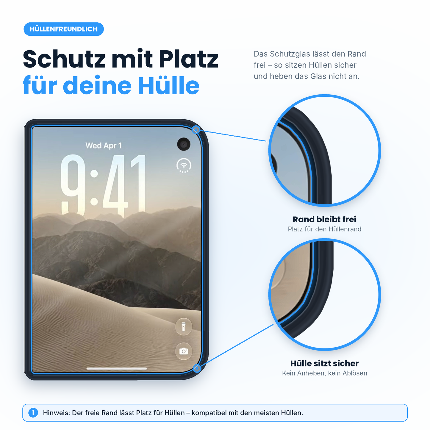 Arktis iPhone Duo Displayschutz GLAS mit vergrößerten Details, die den Freiraum für die Kanten der Handyhülle hervorheben.