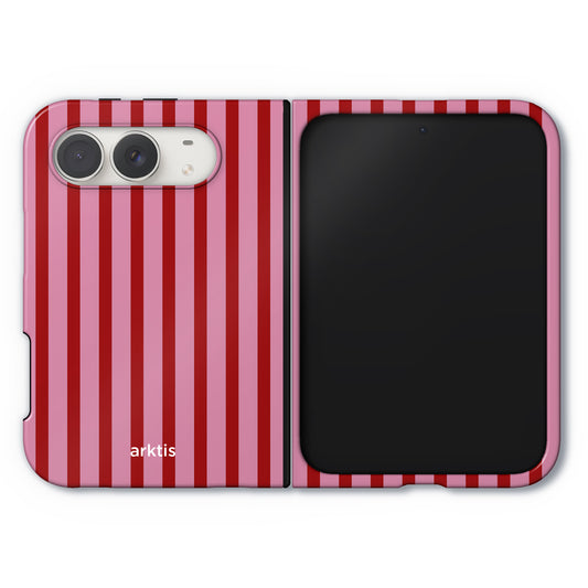 Arktis iPhone Duo Hülle – Stripes, eine faltbare Handyhülle mit einem vertikalen Streifenmuster in Rot und Rosa.