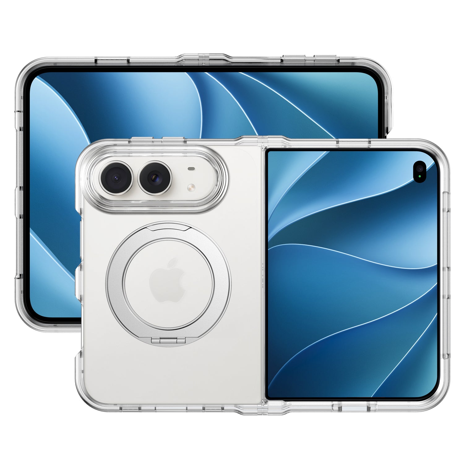 Zwei faltbare Smartphones mit der „arktis iPhone Duo Case Crystal Loop“ – eines aufgeklappt, um den transparenten, stoßfesten Schutz auf der Bildschirmseite zu zeigen, das andere zusammengeklappt, um die Rückseite und die Kamera zu präsentieren – unterstreichen das transparente Design von arktis, das MagSafe-kompatibel ist.