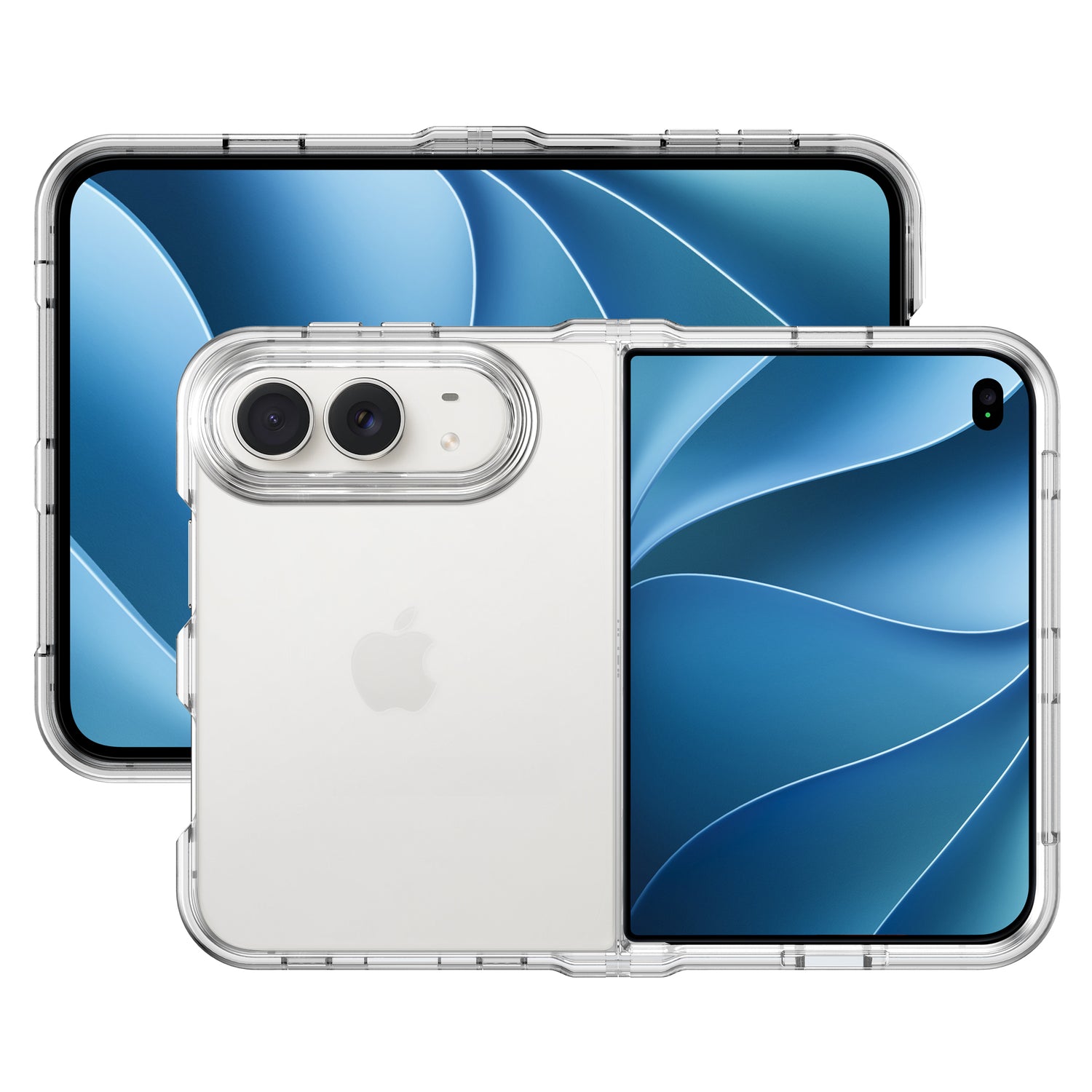 Zwei faltbare Smartphones mit klaren, stoßfesten „iPhone Duo Pure“-Hüllen von arktis – eine lässt sich aufklappen, um den Bildschirm zu zeigen, die andere präsentiert die Rückseite und die Kameras. Diese MagSafe-kompatiblen Hüllen von arktis bieten zuverlässigen Schutz und nahtlose Konnektivität, vergleichbar mit einer Premium-iPhone-Hülle.