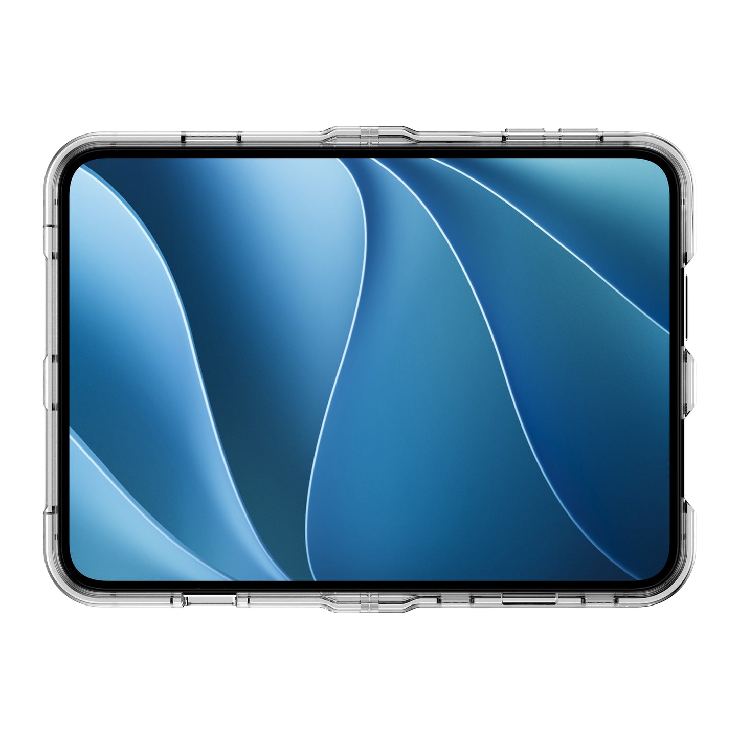 Ein Tablet mit einem blauen Hintergrundbild mit abstrakten Wellenmotiven, von vorne in einer durchsichtigen Schutzhülle zu sehen – mit stoßfester Technologie für zusätzlichen Schutz, ähnlich wie die MagSafe-kompatible „arktis iPhone Duo Pure Case“ von arktis.