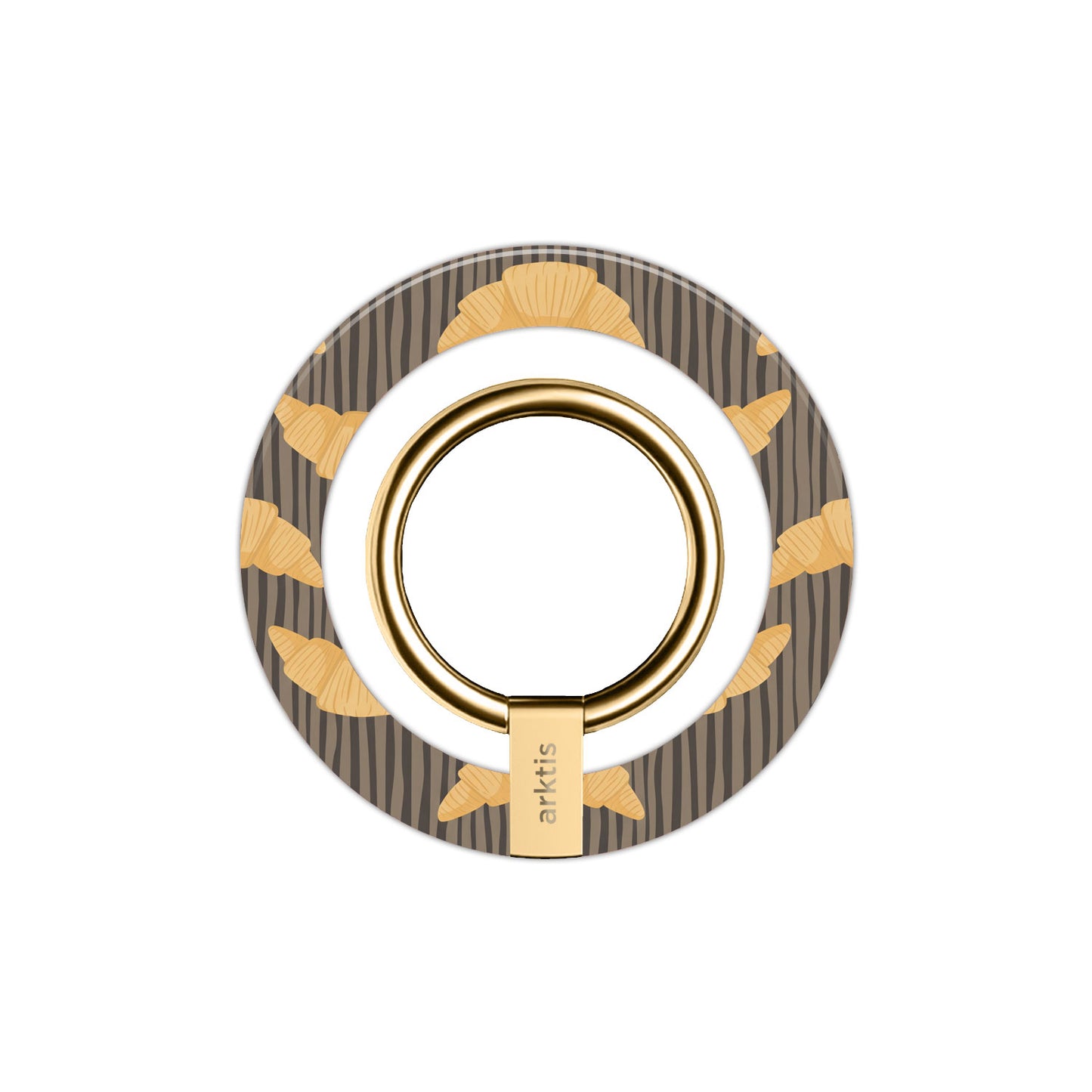 Der arktis Magnetischer Ringhalter für MagSafe - French Breakfast zeigt ein goldenes Ring- und Croissant-Design auf braunen Streifen und bietet stylisches iPhone Zubehör mit starken N52 Magneten für eine sichere Befestigung.