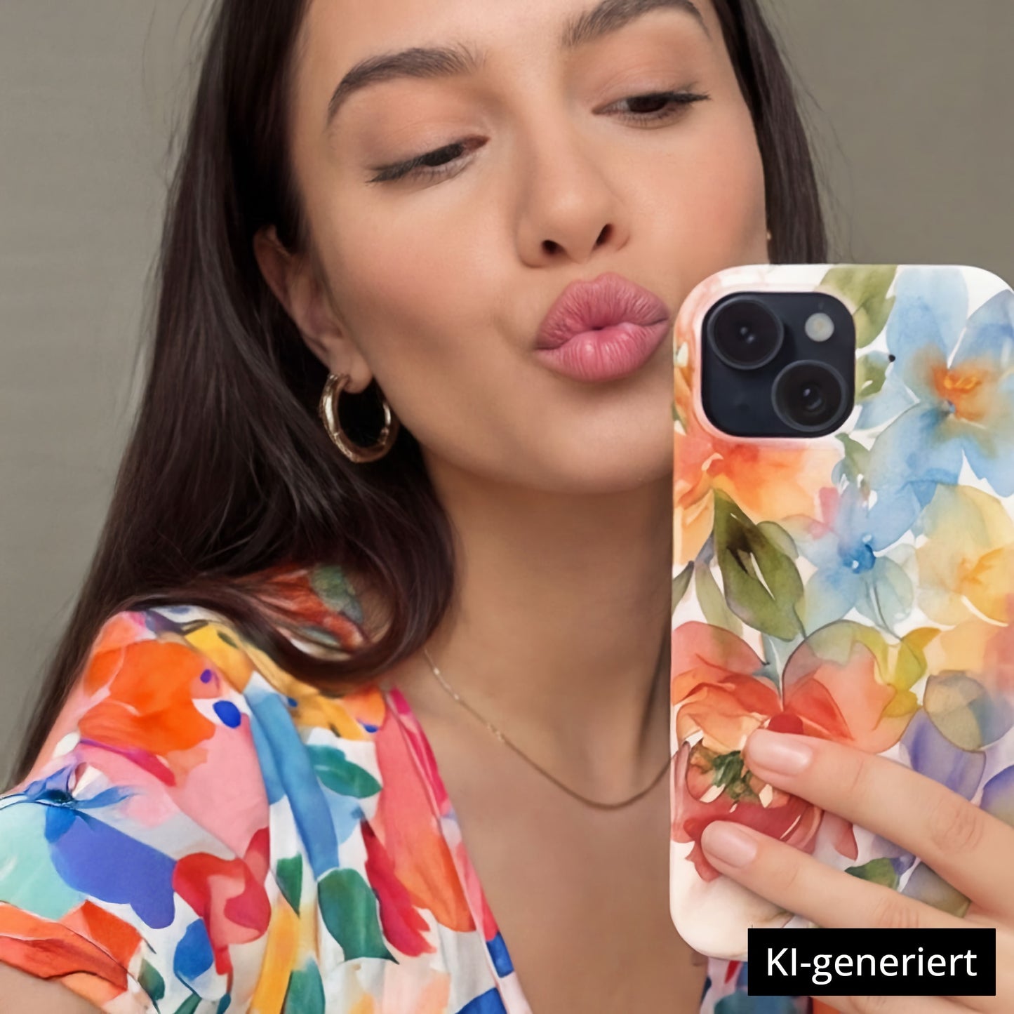 Eine Frau, die ein farbenfrohes, geblümtes Oberteil trägt, macht ein Spiegel-Selfie mit ihrer arktis iPhone 14 Hülle - Floral, einer MagSafe-kompatiblen, stoßdämpfenden TPU-Silikonhülle, und macht dabei ein Kussgesicht. KI-generiert.