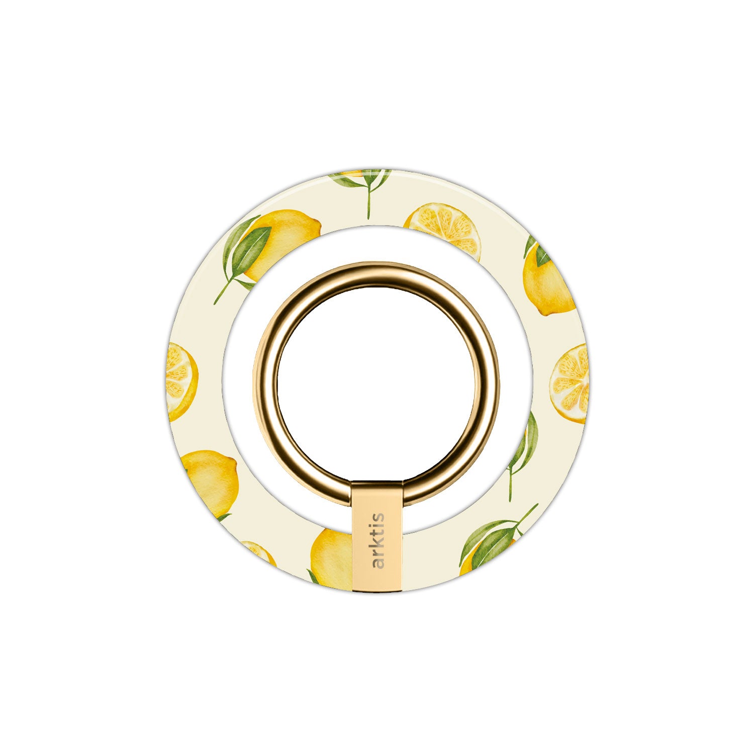 Der arktis iPhone MagSafe Ring Halter ist ein runder Handygriff mit goldenem Ring und Zitronenmuster auf weißem Grund, von arktis mit starken N52 Magneten zur sicheren MagSafe Befestigung entworfen und perfekt als iPhone Zubehör geeignet.