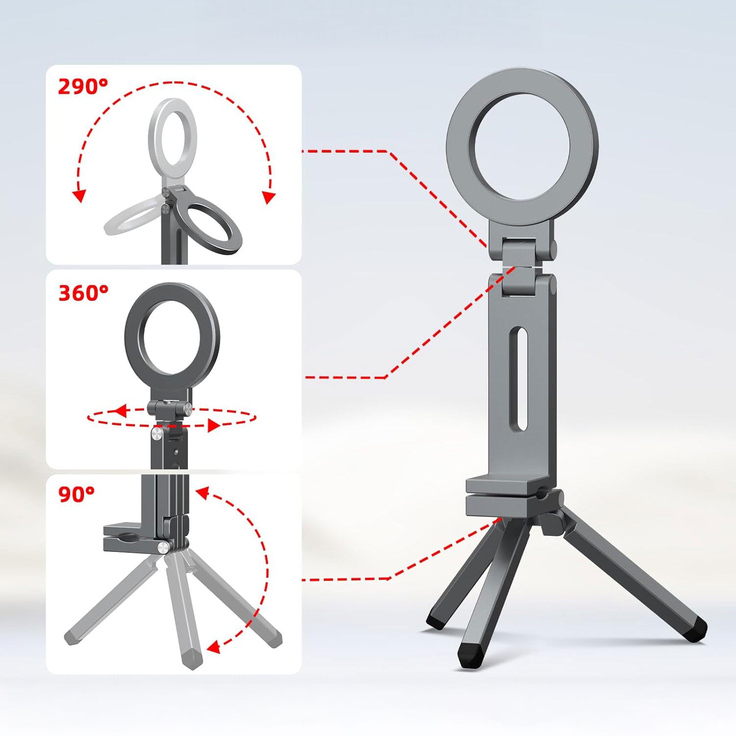 Die arktis iPhone MagSafe Tripod 360 Halterung von arktis bietet eine 360° drehbare Halterung mit 290°, 360° und 90° Rotation für vielseitige Positionierung.