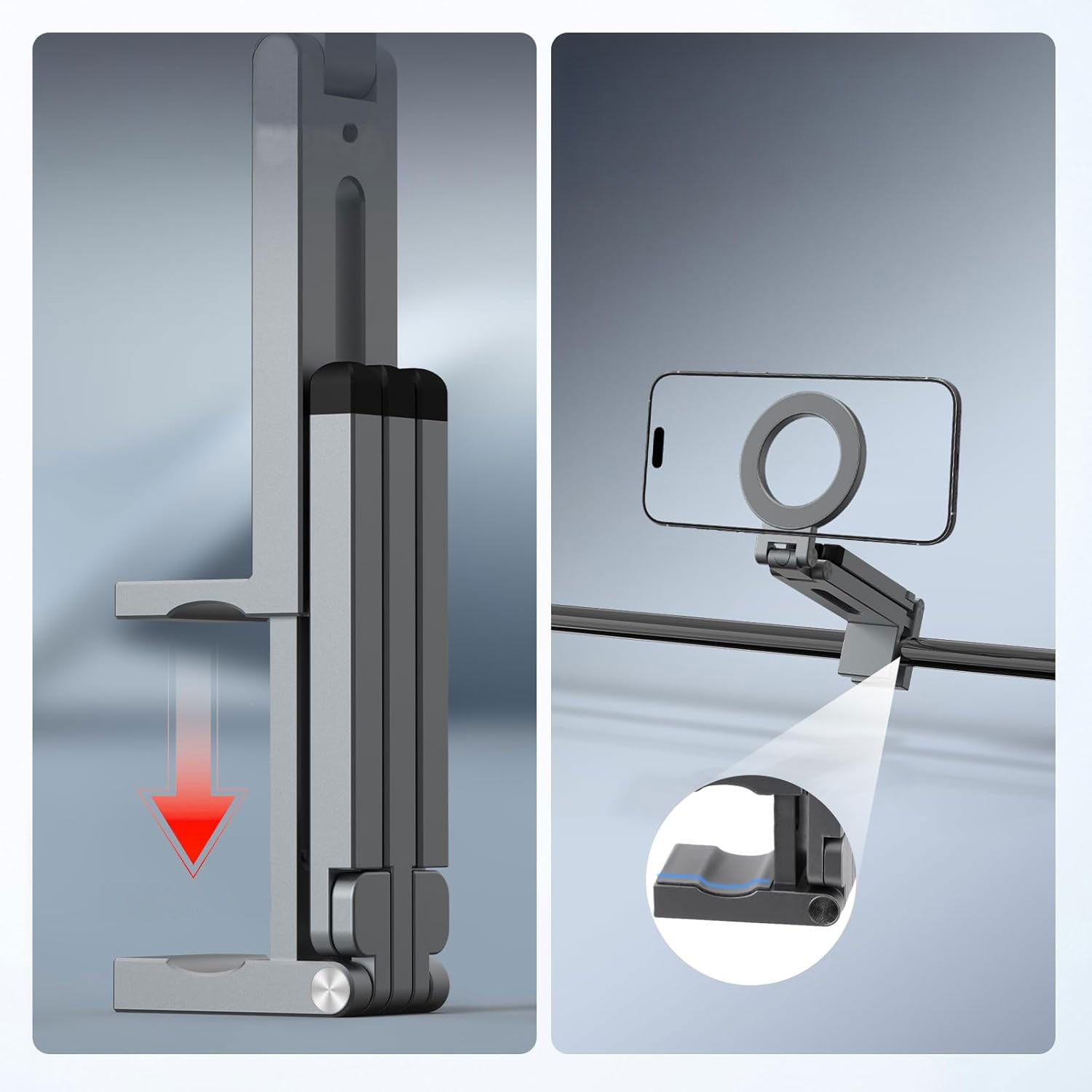 Die arktis iPhone MagSafe Tripod 360 Halterung von arktis ist eine zusammenklappbare Handyhalterung mit einer um 360° drehbaren Halterung, die es ermöglicht, das Handy vertikal zu falten und horizontal auf Oberflächen zu platzieren, während das Handy sicher gehalten wird.