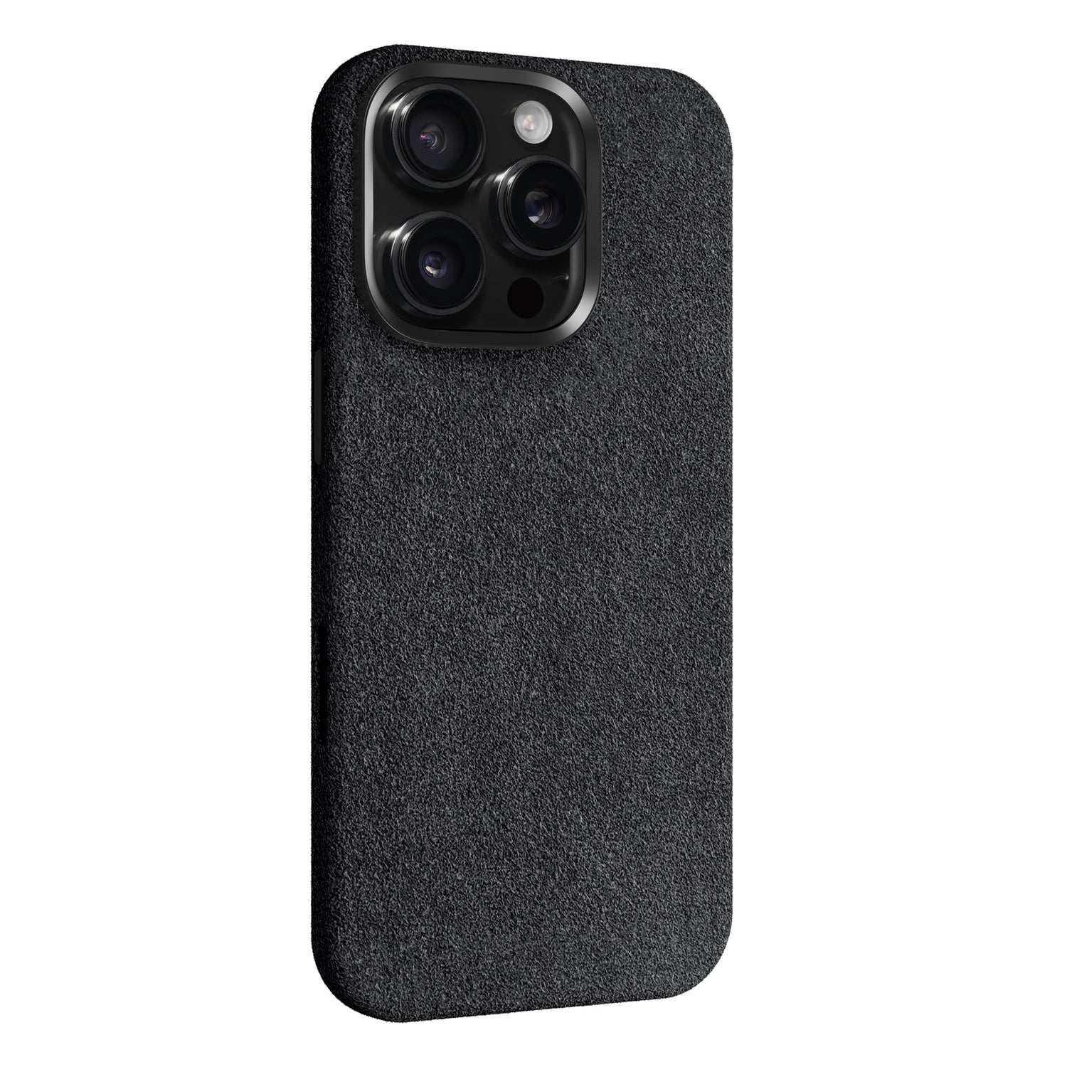 Die arktis iPhone 17 Pro Hülle aus Alcantara von arktis ist ein schwarzes, strukturiertes Hardcase, abgebildet auf einem iPhone 17 Pro mit drei Kameralinsen und Blitz, von hinten gesehen.