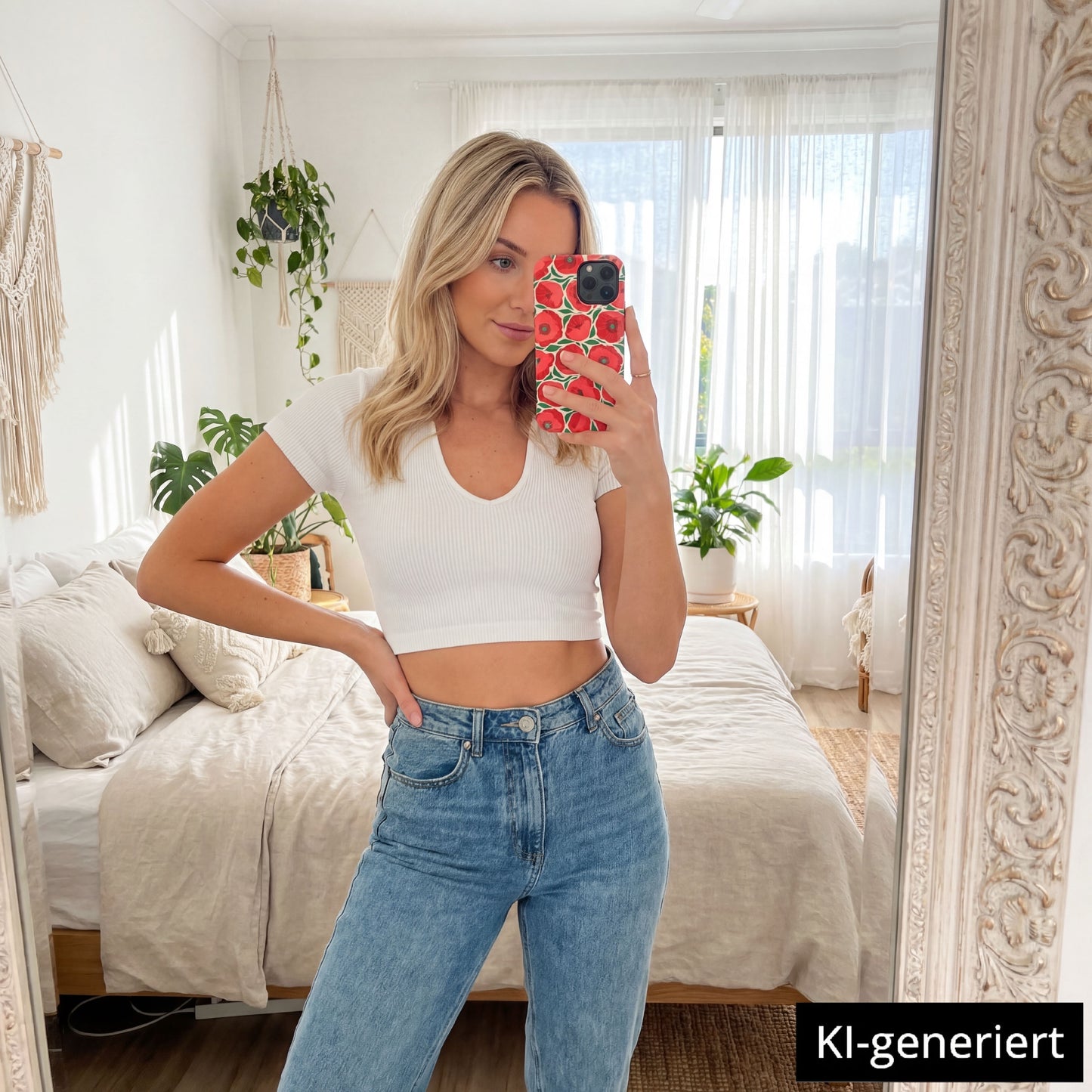 Frau, die in einem hellen Schlafzimmer ein Spiegel-Selfie macht. Sie trägt ein weißes Crop-Top und blaue Jeans und hält ihr arktis iPhone 14 Pro Hülle - Summer Garden mit stoßabsorbierendem TPU-Silikon und MagSafe-Kompatibilität diskret in der Hand. KI-generiert.