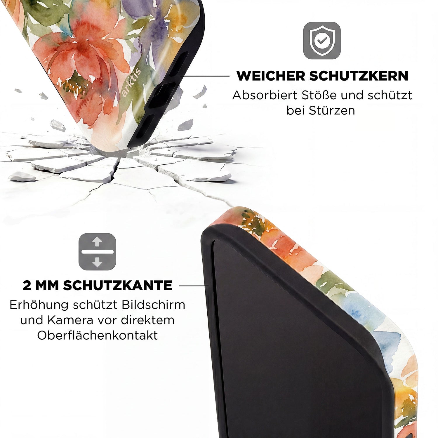 Die arktis iPhone 14 Pro Max Hülle - Floral von arktis besteht aus stoßabsorbierendem TPU-Silikon, ist MagSafe-kompatibel und bietet mit verstärkten Kanten optimalen Schutz für Display und Kamera.