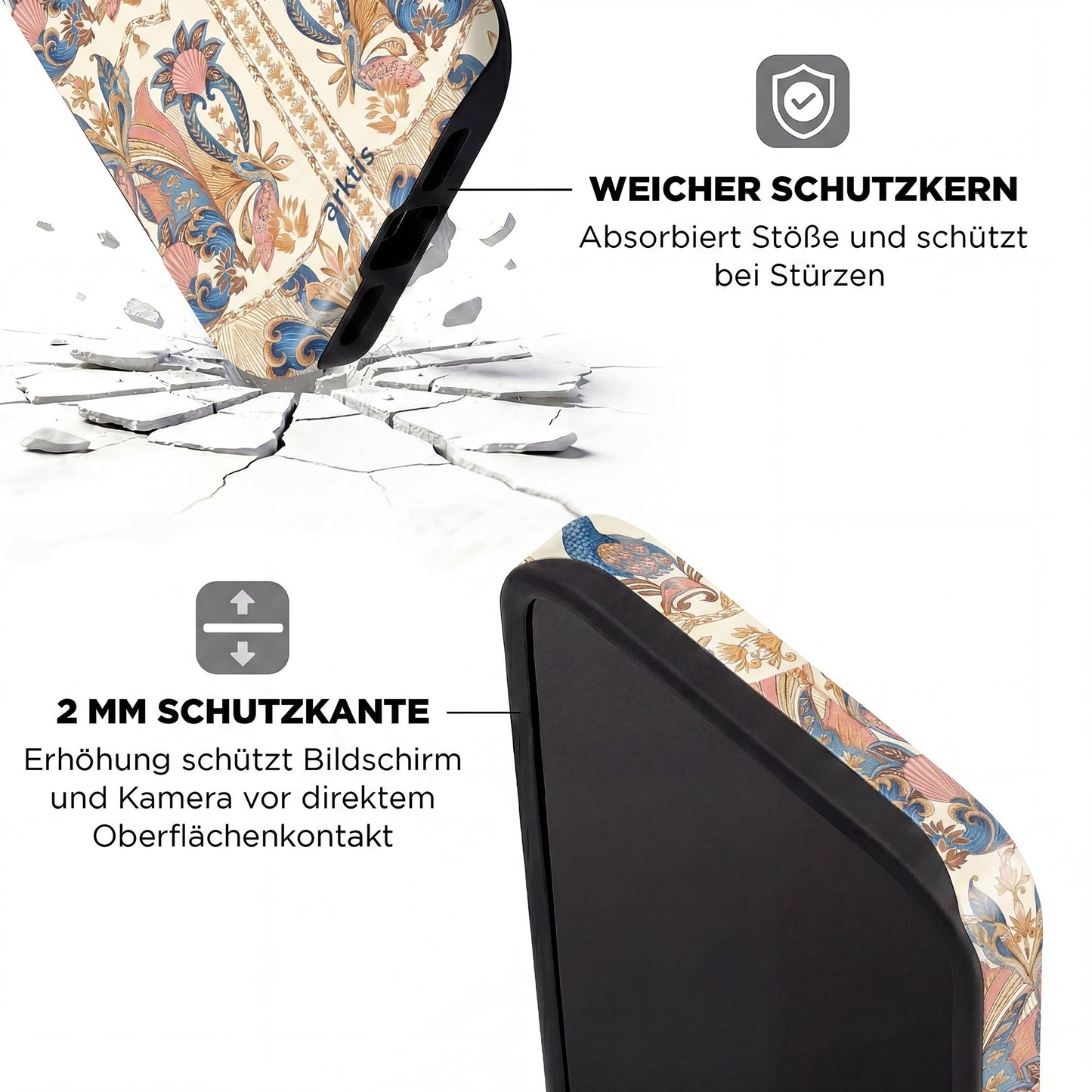 Die arktis iPhone 14 Pro Max Hülle - Peacock Palace von arktis landet auf einer rissigen Oberfläche, da deutscher Text sein stoßabsorbierendes TPU-Silikon und MagSafe kompatiblen Schutz hervorhebt.