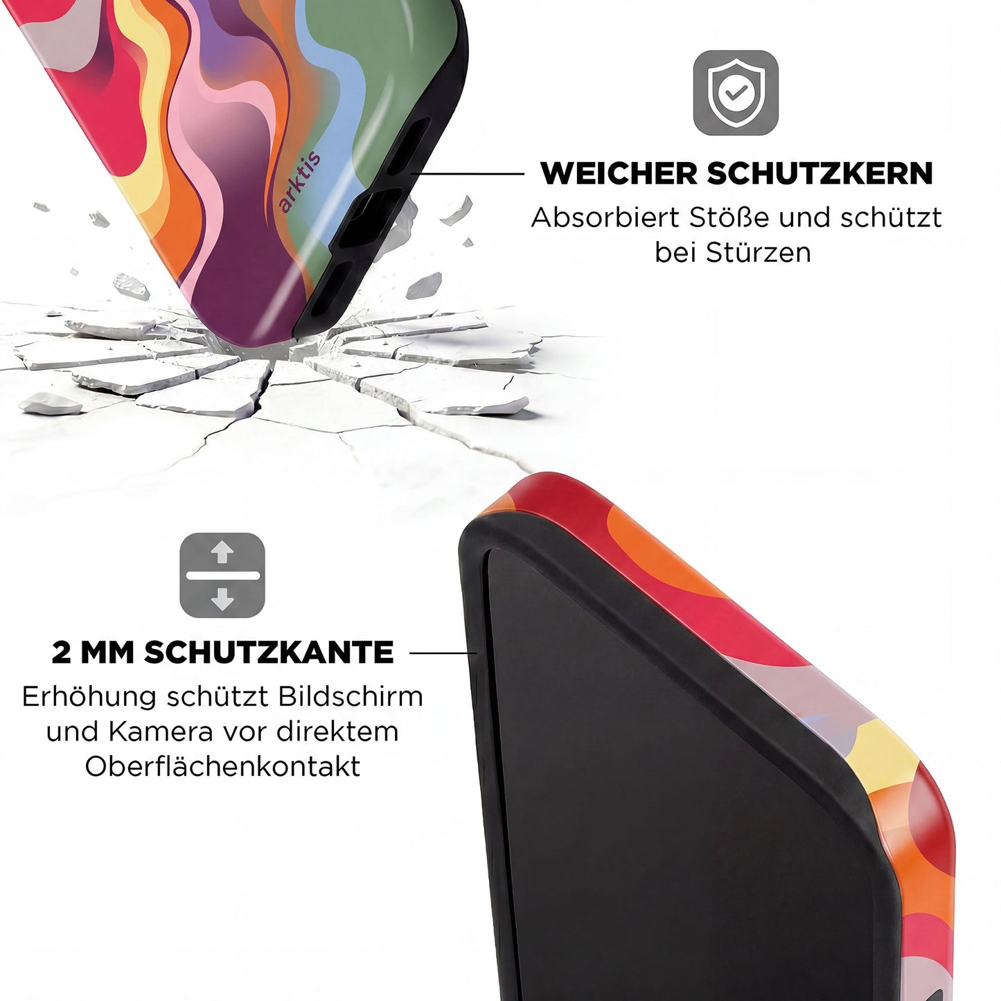 Nahaufnahme der arktis iPhone 14 Pro Max Hülle - Happy Life von arktis, die das farbenfrohe Design, das stoßabsorbierende TPU-Silikon und den 2mm erhöhten Rand für optimalen Schutz von Bildschirm und Kamera zeigt.