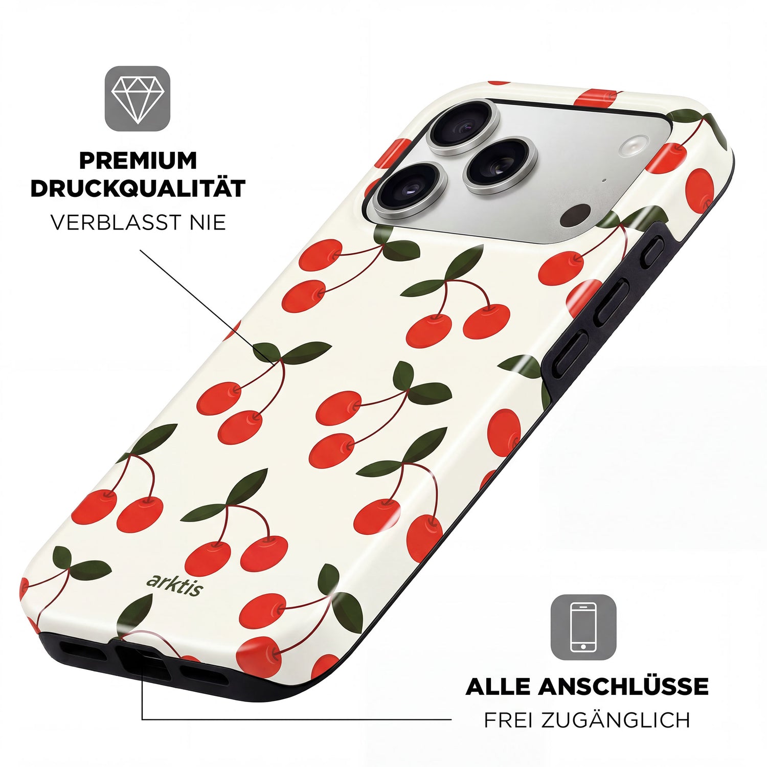 Die arktis iPhone 17 Pro Max Hülle - Cherry bietet MagSafe-Kompatibilität, Kirschmuster, stoßabsorbierendes TPU-Silikon, hochwertigen Druck und passgenaue Aussparungen für alle Anschlüsse.