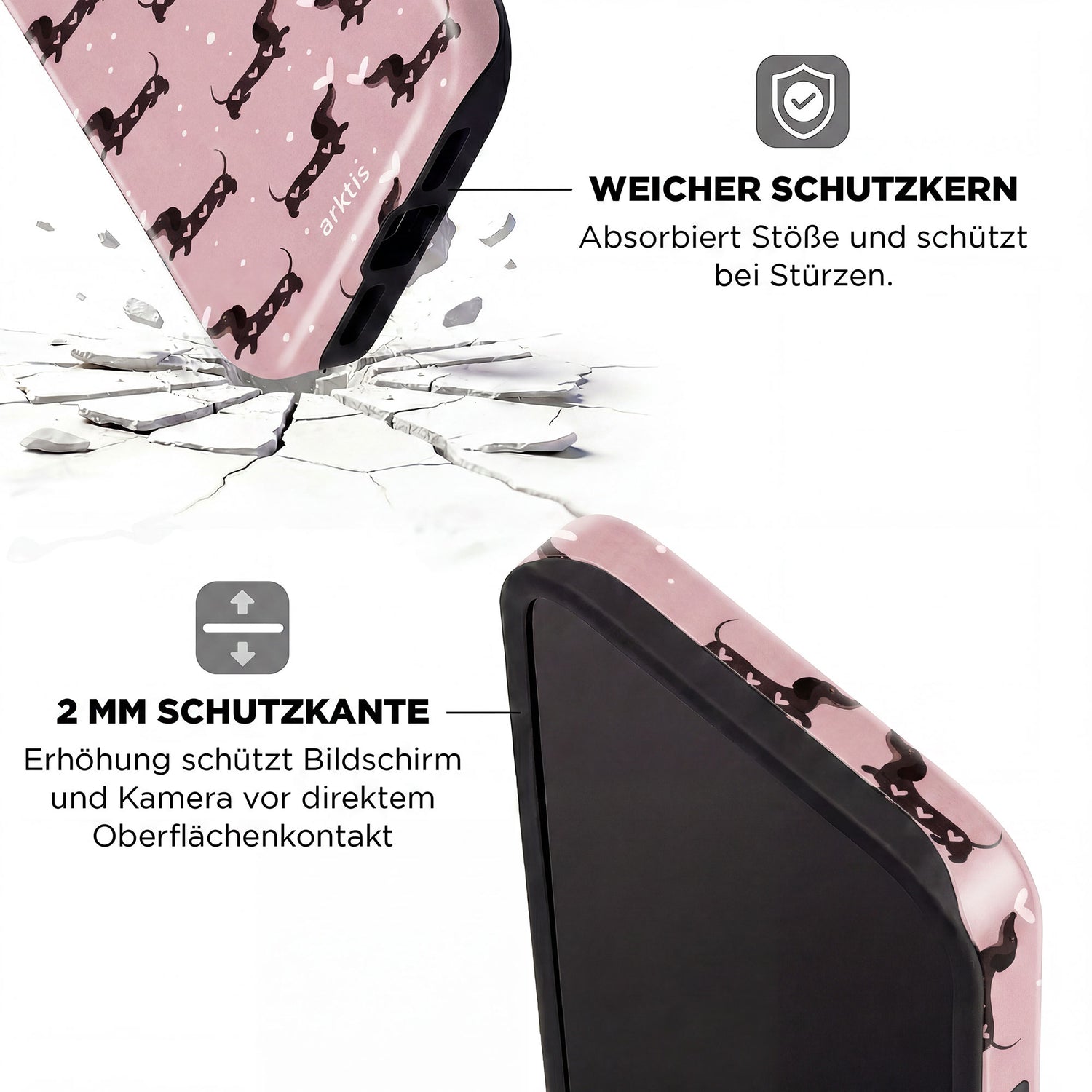 Die arktis iPhone 15 Pro Hülle - Dackel Love ist eine pinke, stoßabsorbierende und MagSafe-kompatible Hülle mit Dackel-Muster und deutschem Text, die Ihr Handy vor Stößen und Kontakt schützt.