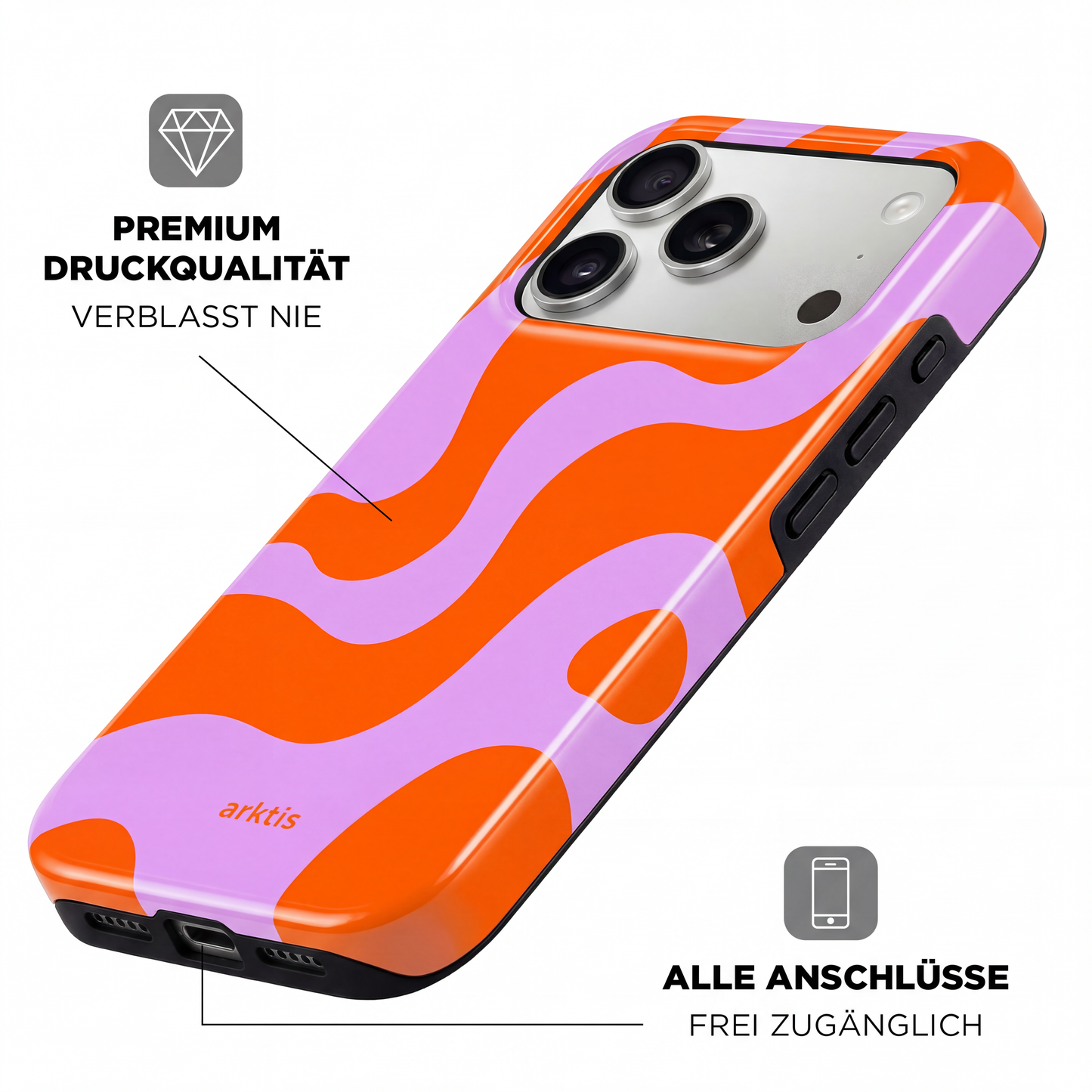 Die arktis iPhone 17 Pro Max Hülle - Knokke Queen zeichnet sich durch ein leuchtendes orange-rosa Wellendesign, einen hochwertigen Druck, stoßabsorbierendes TPU-Silikon zum Schutz und präzise Aussparungen für einen einfachen Zugang zu den Anschlüssen aus.