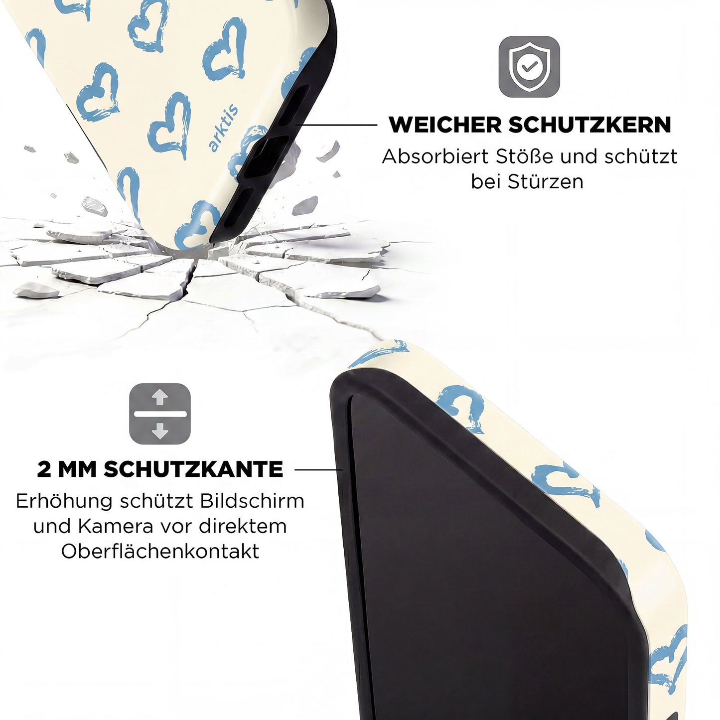 Die arktis iPhone 14 Pro Max Hülle - Blue Hearts bietet einen weichen Kern, 2mm Kantenschutz, MagSafe Kompatibilität und Stoßdämpfung, um Ihr Telefon vor Stößen zu schützen.