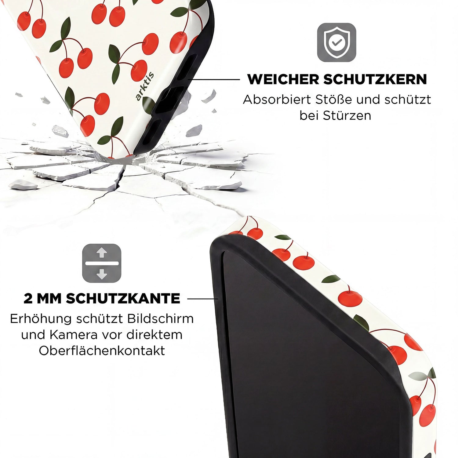 Arktis iPhone 14 Pro Max Hülle - Cherry: Stoßabsorbierende TPU-Silikon-Hülle mit Kirsch-Design, MagSafe kompatibel. Erhöhte Kanten und weiches Innenfutter von arktis bieten optimalen Schutz vor Stößen.