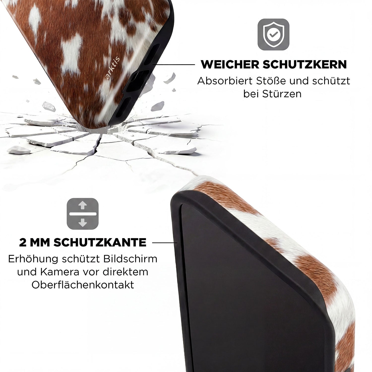 Die arktis iPhone 14 Pro Max Hülle - Cow bietet stoßabsorbierendes TPU-Silikon, einen 2 mm erhöhten Rand für zusätzlichen Schutz und MagSafe-Kompatibilität - alles in dem für arktis typischen Rindsleder-Design.