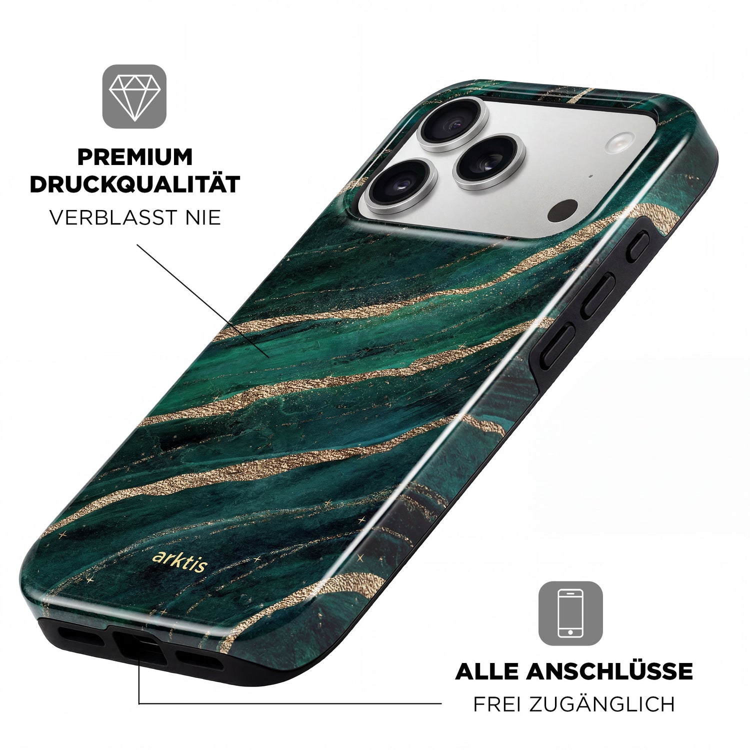 Die arktis iPhone 17 Pro Max Hülle - Green Marble von arktis verfügt über ein grünes Marmormuster mit goldenen Akzenten, deutsch gekennzeichnete Funktionen und ist aus stoßabsorbierendem TPU-Silikon für zusätzlichen Schutz gefertigt.