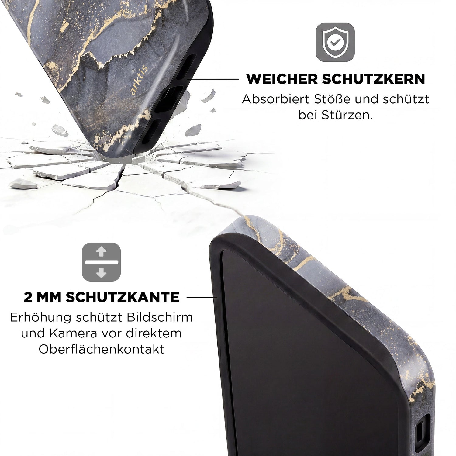 Die arktis iPhone 16 Hülle - Dusty Marble mit stoßabsorbierendem TPU-Silikon-Kern und 2mm hochgezogenem Rand für besten Stoß- und Displayschutz - perfekt von arktis.