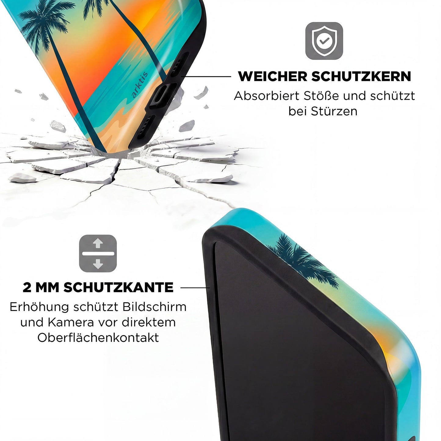 Die arktis iPhone 14 Pro Max Hülle - Sunset Beach schützt Ihr Handy dank erhöhter Kanten und stoßabsorbierendem TPU-Silikon optimal vor Stößen. MagSafe-kompatibel, stilvolles Palmen-Design.