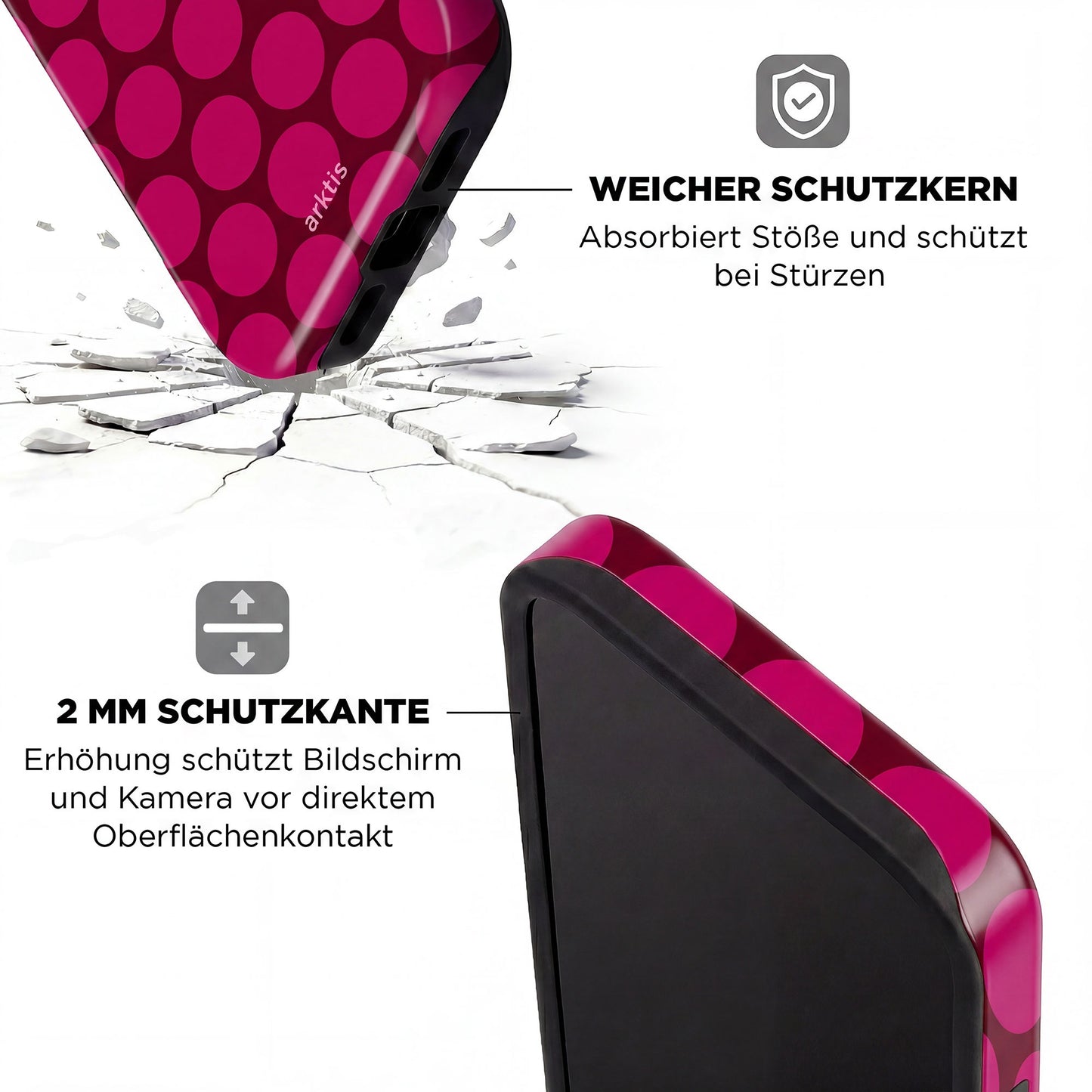 Die arktis iPhone 16 Hülle - Polka Dots von arktis zeichnet sich durch MagSafe kompatibles Design, stoßabsorbierenden TPU-Silikon-Kern, und erhöhten 2 mm Schutzrand aus.