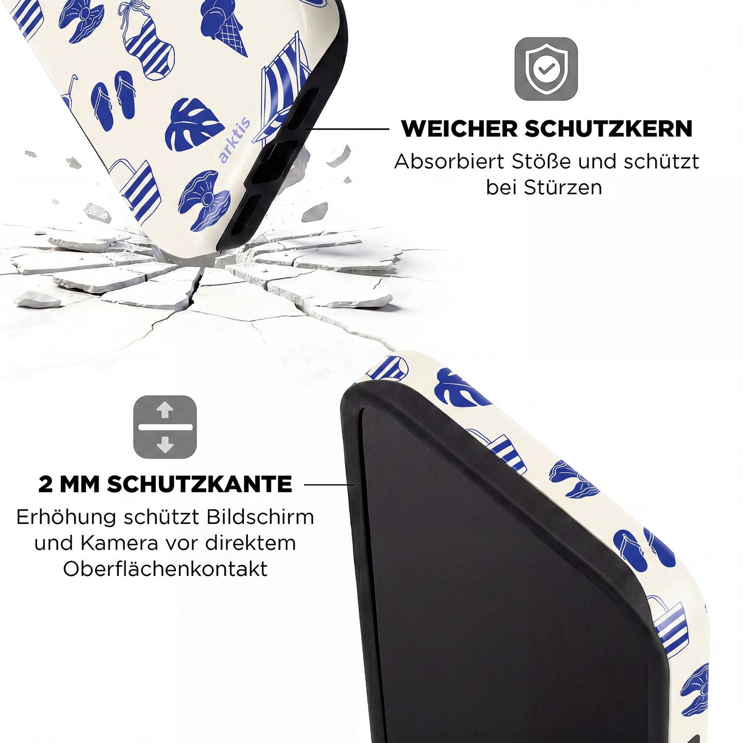 Die arktis iPhone 14 Pro Max Hülle - Beach Style ist ein stoßabsorbierendes TPU-Silikon Case mit weichem Kern und 2mm Rand, das Stöße auf rissigen Oberflächen absorbiert. MagSafe kompatibel für einfaches Aufladen.