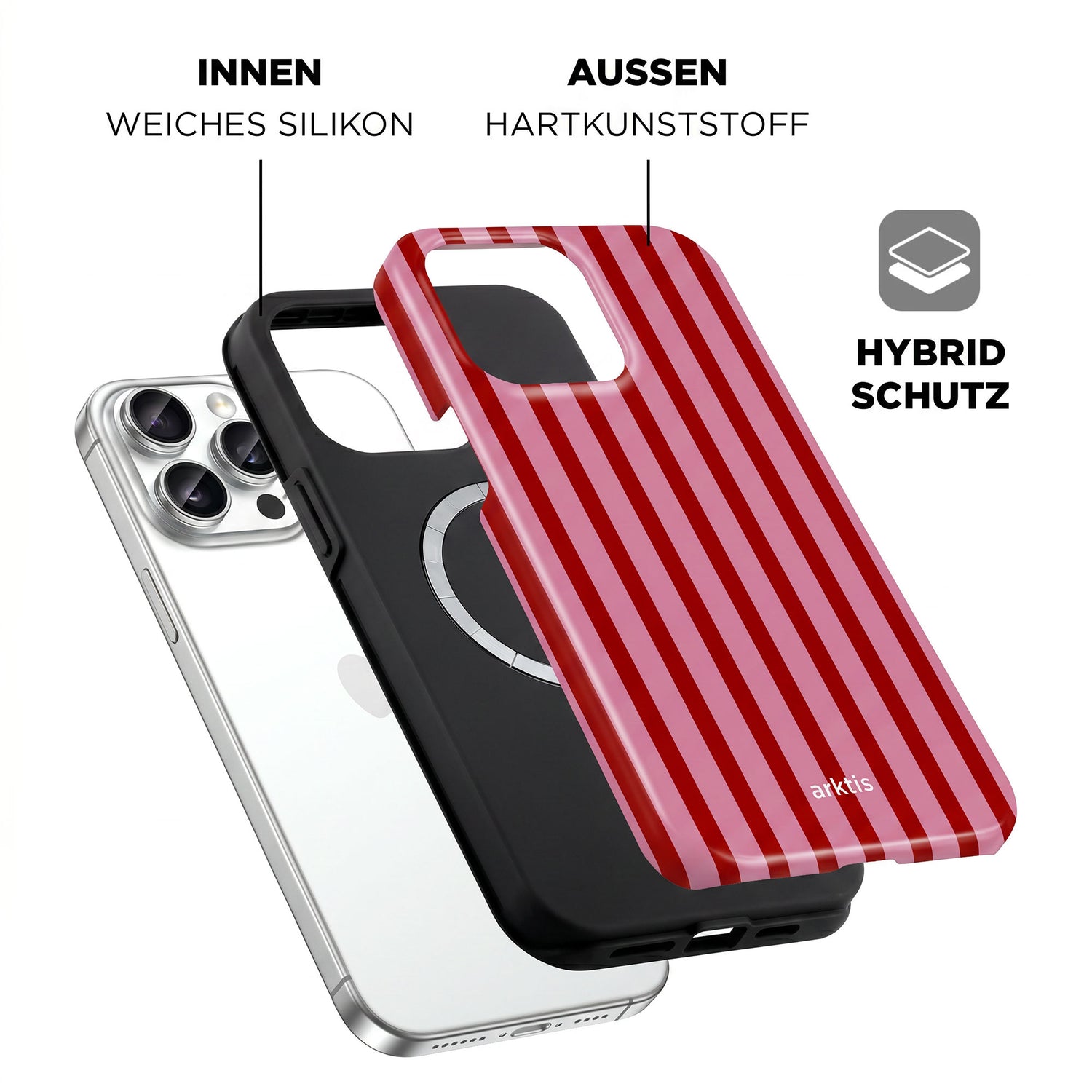 Explosionszeichnung der arktis iPhone 14 Pro Max Hülle - Stripes von arktis, mit roten Streifen, MagSafe kompatibles Design, stoßabsorbierendes TPU-Silikon innen und harte Kunststoffaußenseite.