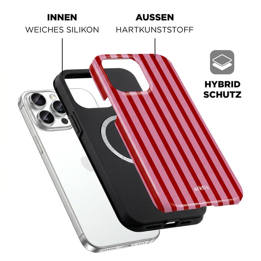 Explosionszeichnung der arktis iPhone 14 Pro Max Hülle - Stripes von arktis, mit roten Streifen, MagSafe kompatibles Design, stoßabsorbierendes TPU-Silikon innen und harte Kunststoffaußenseite.