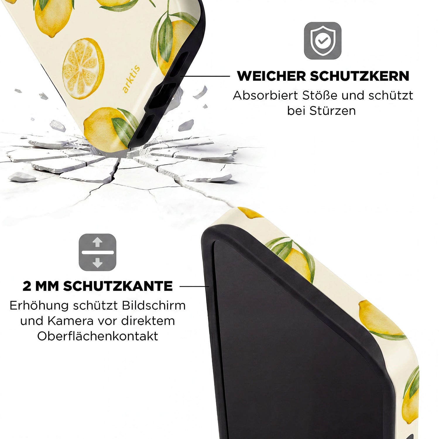 Die arktis iPhone 14 Pro Max Hülle - Lemon ist aus stoßabsorbierendem TPU-Silikon, MagSafe-kompatibel, bietet Aufprallschutz mit deutschen Infos und Bildern zu den Kanteneigenschaften.