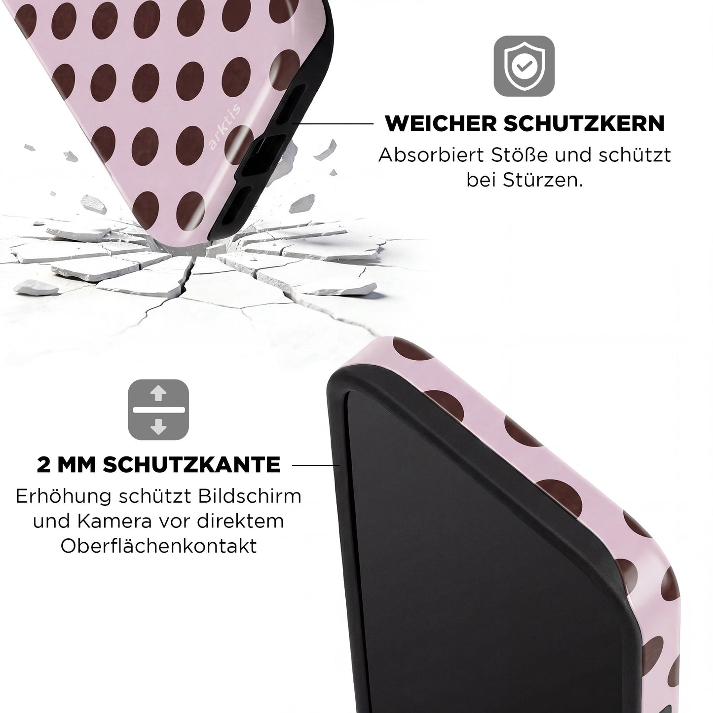 Die arktis iPhone 16 Hülle - Sweetie bietet braune Polka Dots, stoßabsorbierendes TPU-Silikon, 2mm erhöhten Rand für optimalen Schutz und ist MagSafe kompatibel für einfaches Laden.