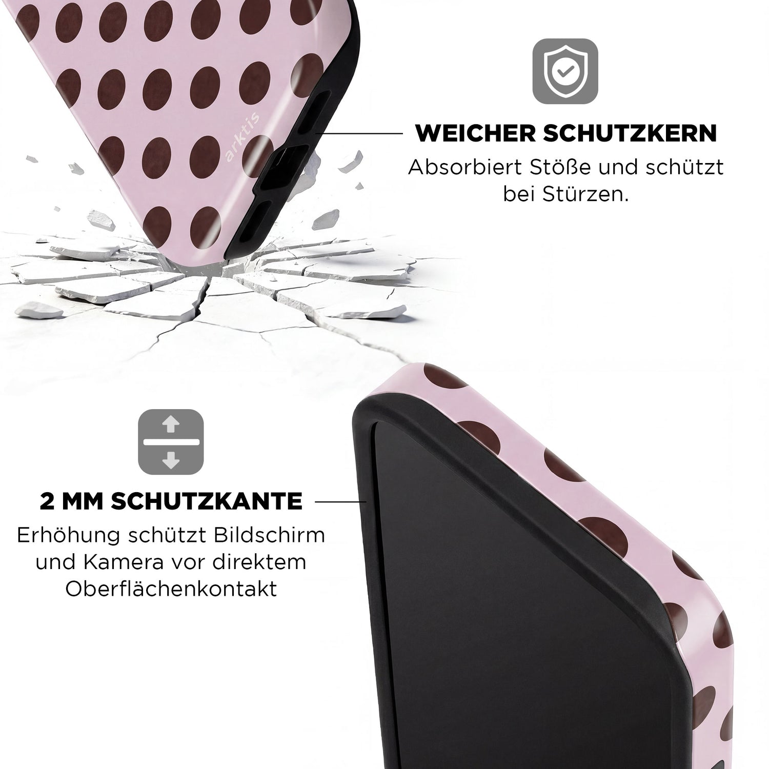 Die arktis iPhone 16 Hülle - Sweetie bietet braune Polka Dots, stoßabsorbierendes TPU-Silikon, 2mm erhöhten Rand für optimalen Schutz und ist MagSafe kompatibel für einfaches Laden.