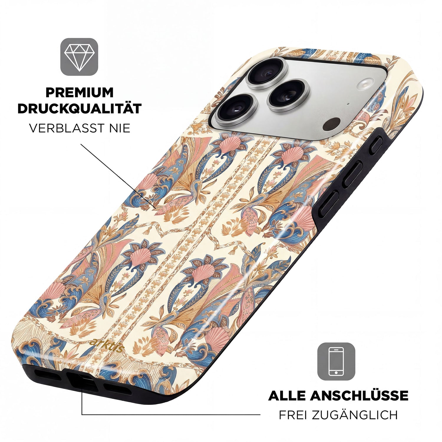 Die arktis iPhone 17 Pro Max Hülle - Peacock Palace aus TPU-Silikon bietet einen floralen Premium-Print, ist MagSafe-kompatibel und hat präzise, leicht zugängliche Ports.