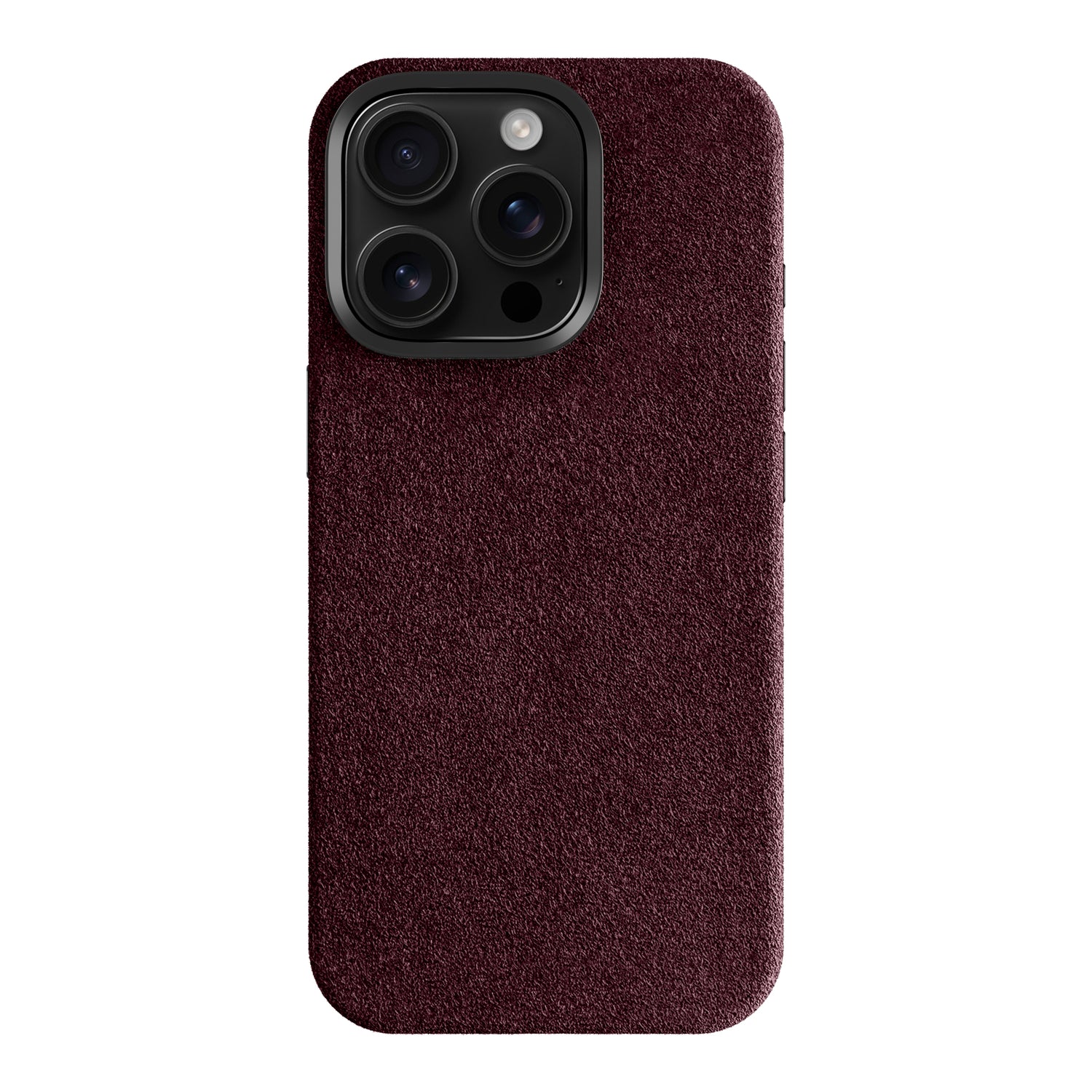 Die arktis iPhone 17 Pro Hülle aus Alcantara, hier in burgunderrotem Veloursleder von der Rückseite mit Kameralinsen, ist eine elegante arktis Hülle, die erstklassigen Schutz und Stil für Ihr Gerät bietet.