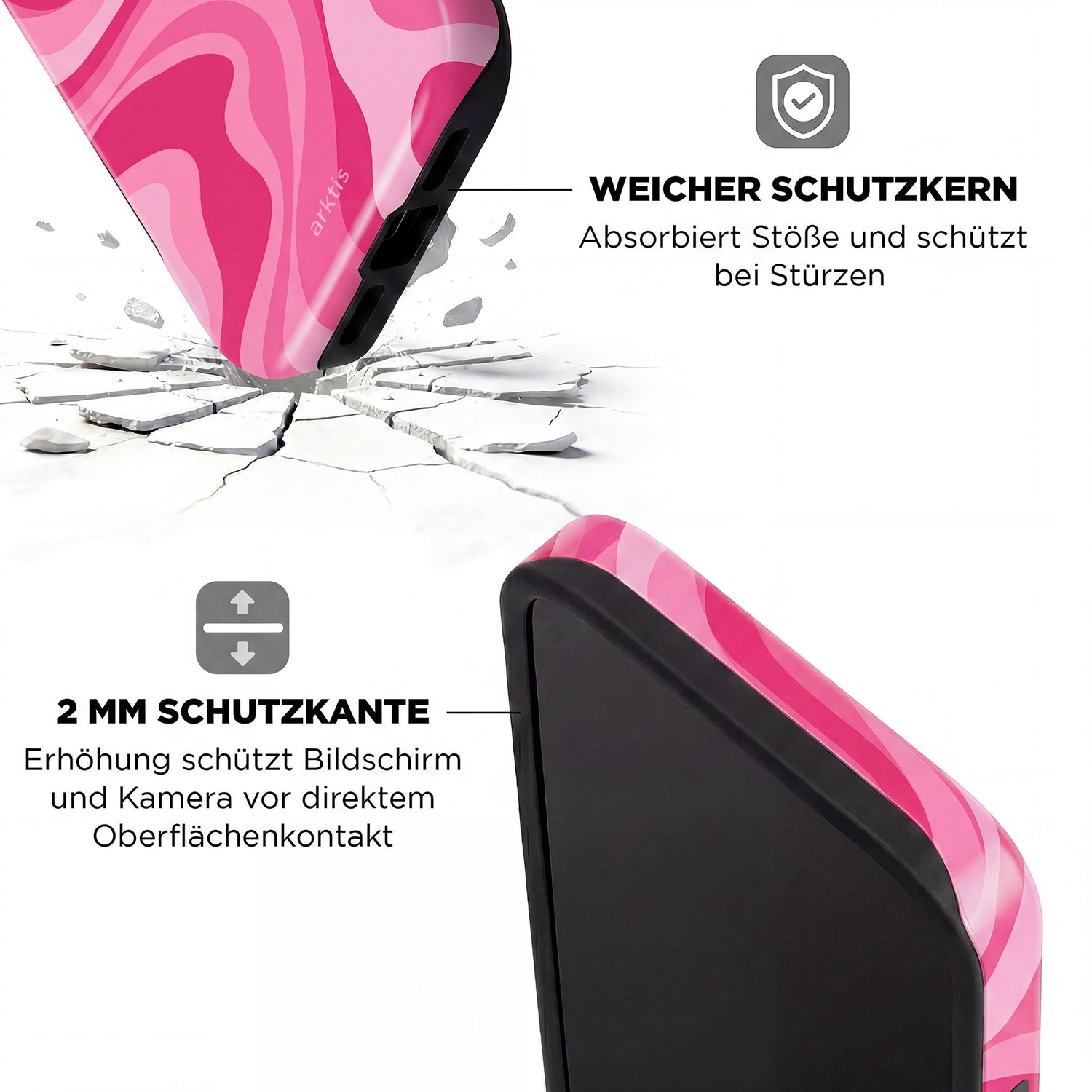 Die arktis iPhone 14 Pro Max Hülle - Aura Pink schützt mit stoßabsorbierendem TPU-Silikon-Kern und verstärkten Kanten, ist MagSafe kompatibel und ideal für rauen Untergrund. Deutsche Beschreibung betont alle Features.