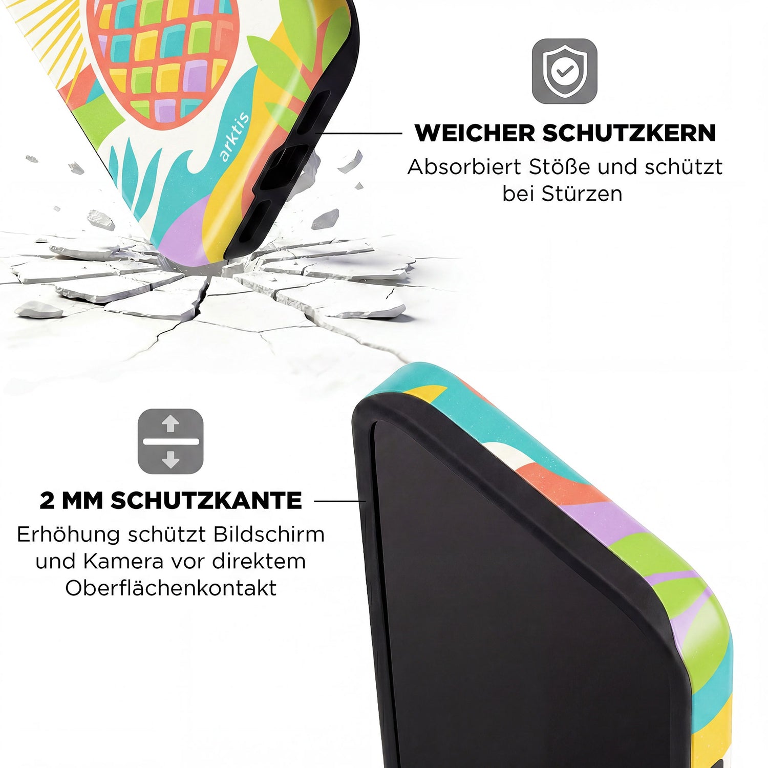 Die arktis iPhone 14 Pro Max Hülle - Tropic Pineapple verfügt über farbenfrohes, stoßabsorbierendes TPU-Silikon, erhöhte Kanten zum Schutz bei Stößen und ist MagSafe kompatibel für einfaches Aufladen und sicheren Halt.