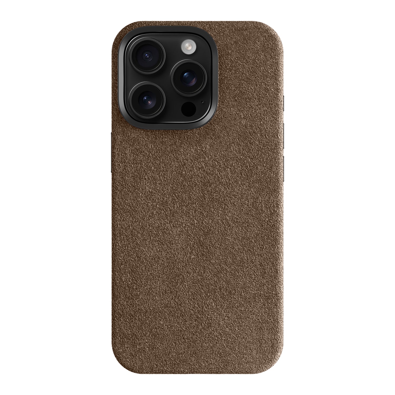 Die arktis iPhone 17 Pro Hülle aus Alcantara hat eine braune, strukturierte Oberfläche, die präzise für Kameraausschnitte gefertigt wurde - eine elegante Hülle made in Italy by arktis.