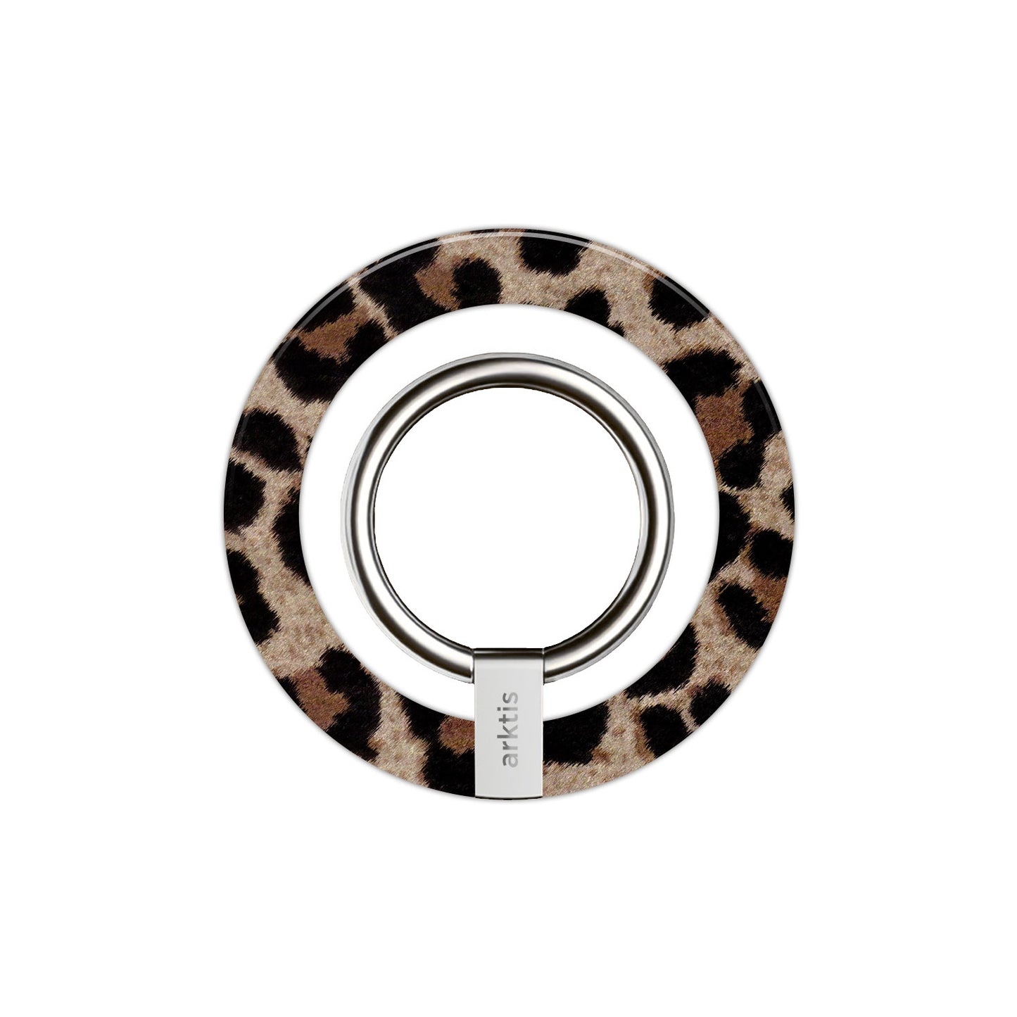 Der arktis iPhone MagSafe Ring Halter von arktis ist ein runder Telefongriff mit einem Außenring mit Leopardenmuster und einem Innenring aus Metall. Kompatibel mit MagSafe, fügt er Ihrem iPhone eine sichere, stilvolle Funktionalität hinzu.