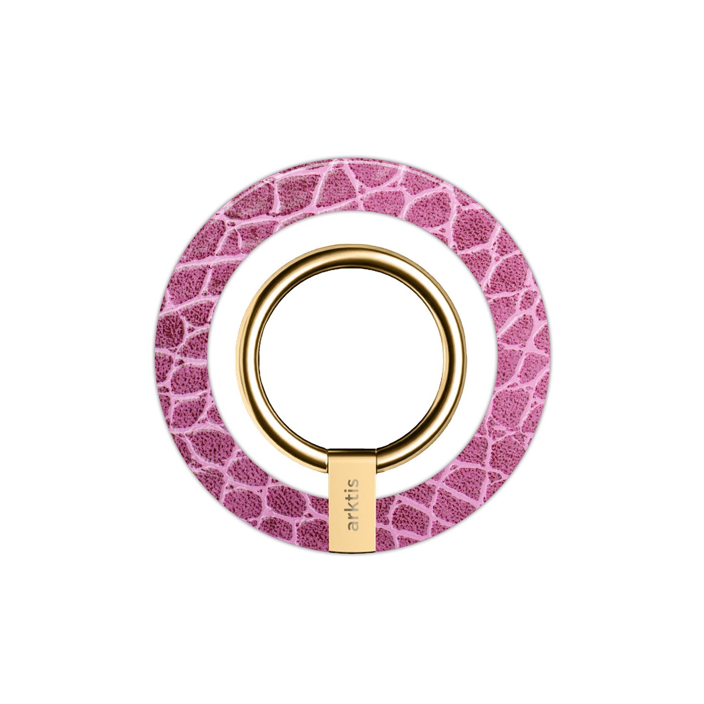 Der Magnetische Ringhalter für MagSafe - Pink Lizard von arktis zeigt ein strukturiertes rosa Eidechsenmuster und den eingravierten Markennamen - ein elegantes Upgrade für Ihr iPhone Zubehör.