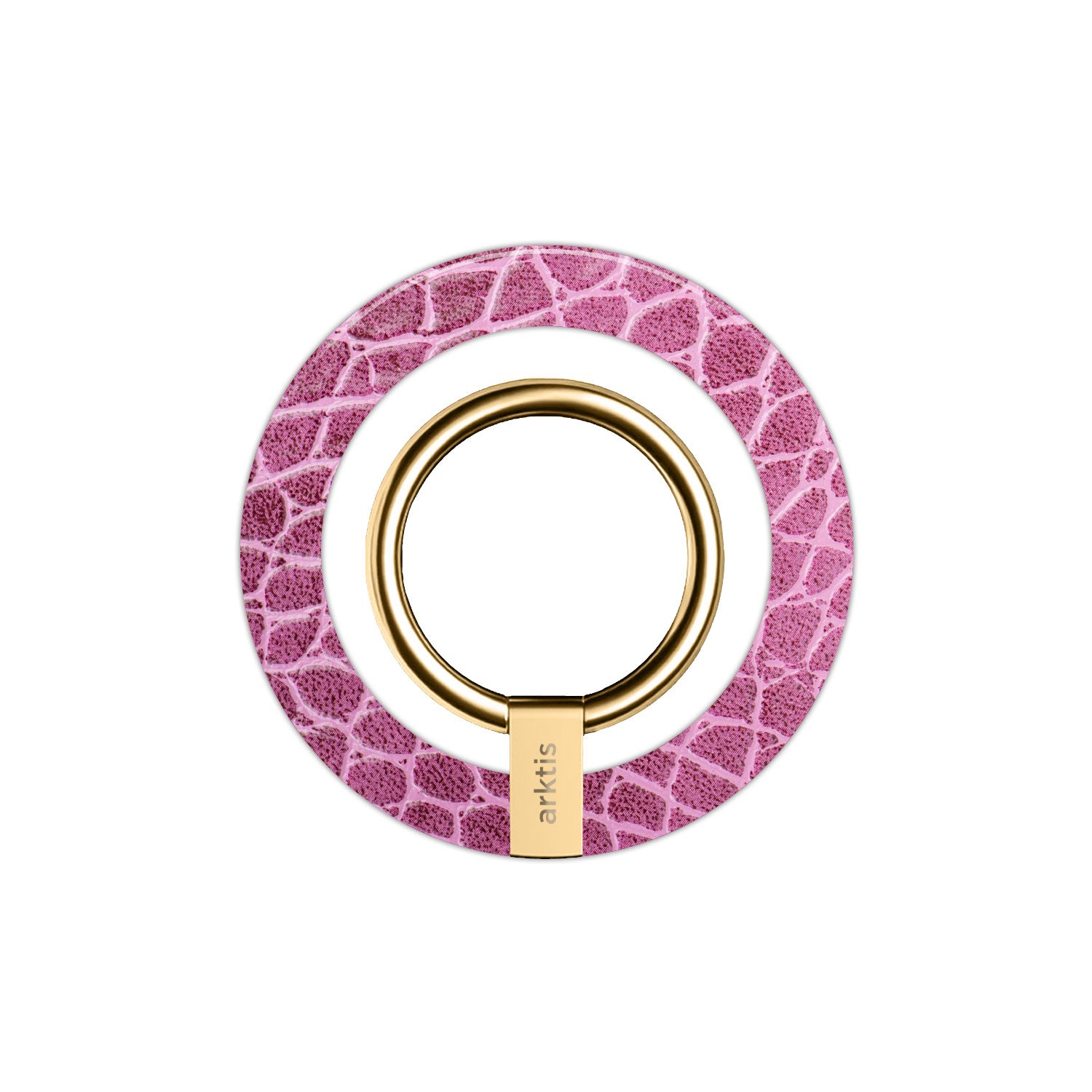 Der Magnetische Ringhalter für MagSafe - Pink Lizard von arktis zeigt ein strukturiertes rosa Eidechsenmuster und den eingravierten Markennamen - ein elegantes Upgrade für Ihr iPhone Zubehör.