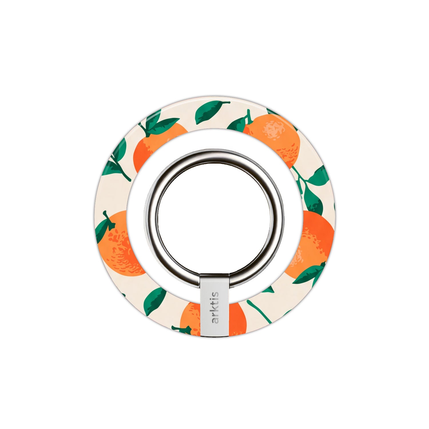 Der arktis Magnetischer Ringhalter für MagSafe - Orange Tree hat ein stylisches orangefarbenes Fruchtdesign mit silbernem Kern und starken N52-Magneten, was ihn zum perfekten trendigen iPhone Zubehör macht.
