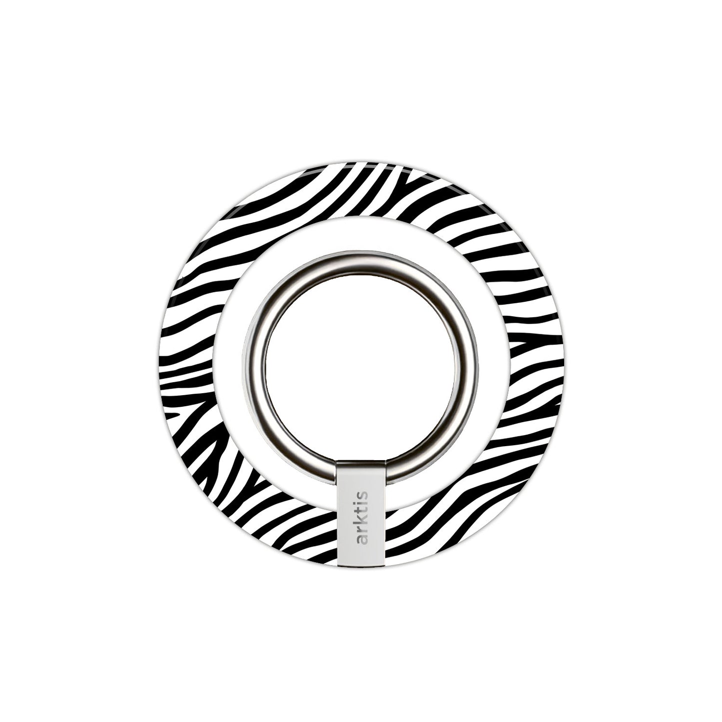 Der arktis iPhone MagSafe Ring Halter verfügt über ein Zebrastreifendesign, einen Metallring, einen eingebauten N52-Magneten für sicheren Halt und ist mit dem arktis-Logo versehen - ein stilvolles und praktisches iPhone-Accessoire.
