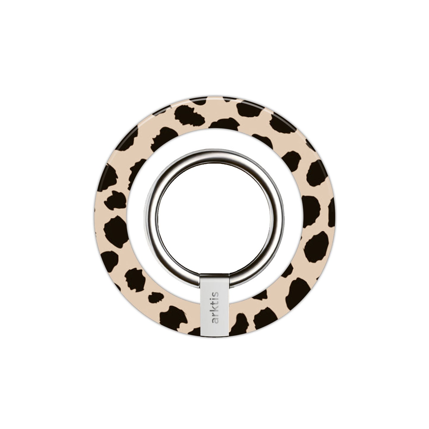 Der arktis iPhone MagSafe Ring Halter ist mit einem beigen und schwarzen Leopardenmuster und einem silbernen Metallring versehen. Starke N52-Magnete sorgen für MagSafe-Kompatibilität und machen dieses arktis Accessoire perfekt für Ihr Handy.